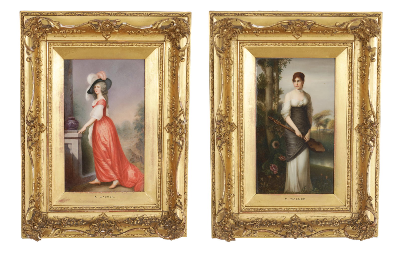 FRANZ WAGNER A PAIR OF 19TH CENTURY KPM PORCELAIN PLAQUES: FRANZ WAGNER A PAIR OF 19TH CENTURY KPM PORCELAIN PLAQUES, the lute player after Friedrich August von Kaulbach and a portrait of Charlotte Lady Milnes after George Romney. (24cm high by 14cm wide, Lad