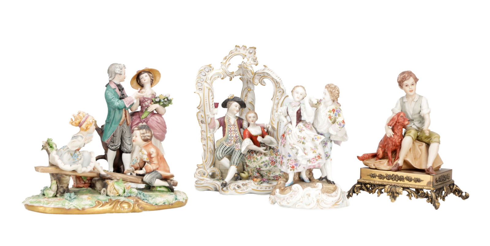 A COLLECTION OF FIVE CONTINENTAL PORCELAIN FIGURE GROUPS: A COLLECTION OF FIVE CONTINENTAL PORCELAIN FIGURE GROUPS variously modelled as courting couples and children on scroll-moulded bases, finely painted in polychrome and gilt, one with a rococo cartouche