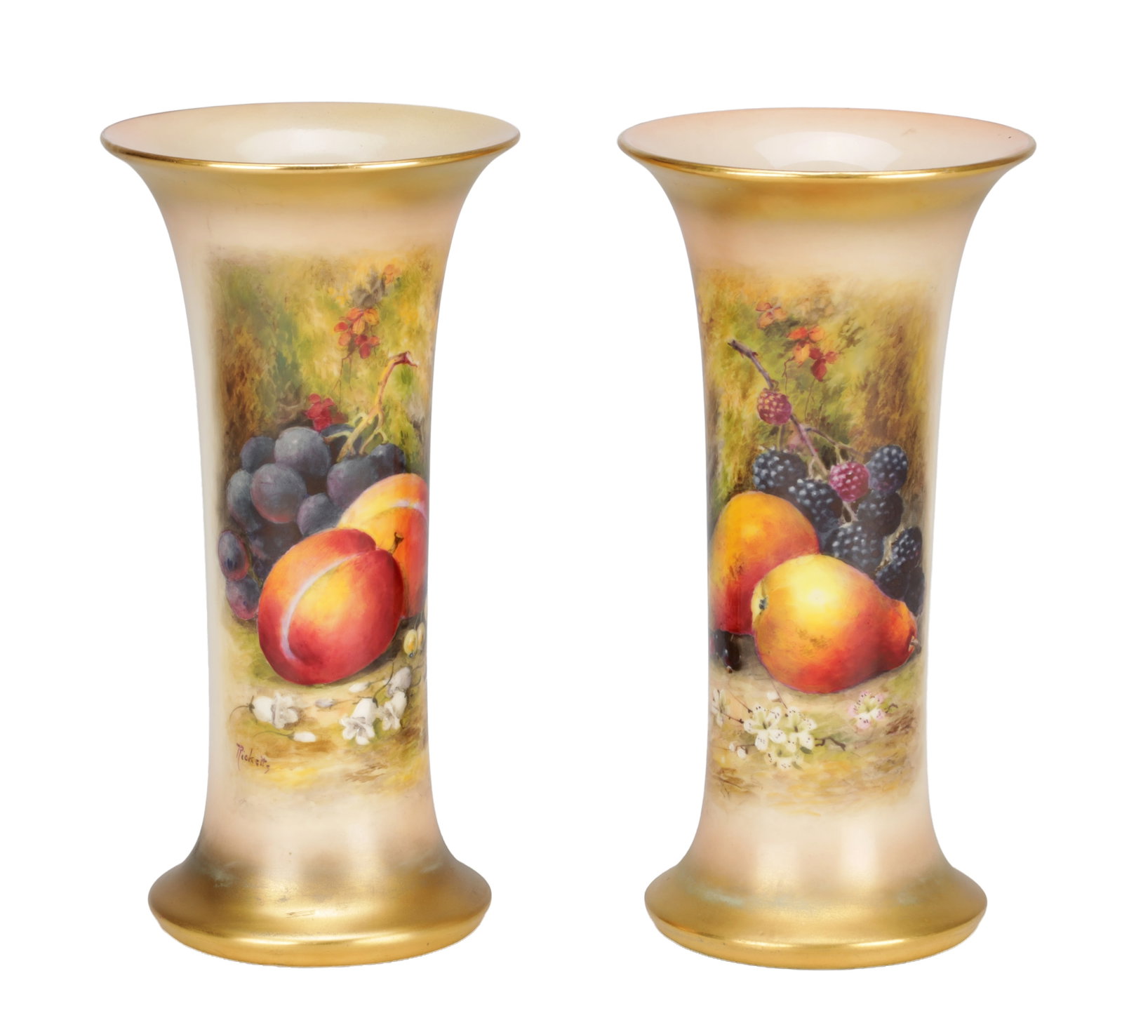 A PAIR OF EARLY 20TH CENTURY ROYAL WORCESTER PORCELAIN FRUIT-PAINTED SPILL VASES BY RICKETTS (1 of 8)