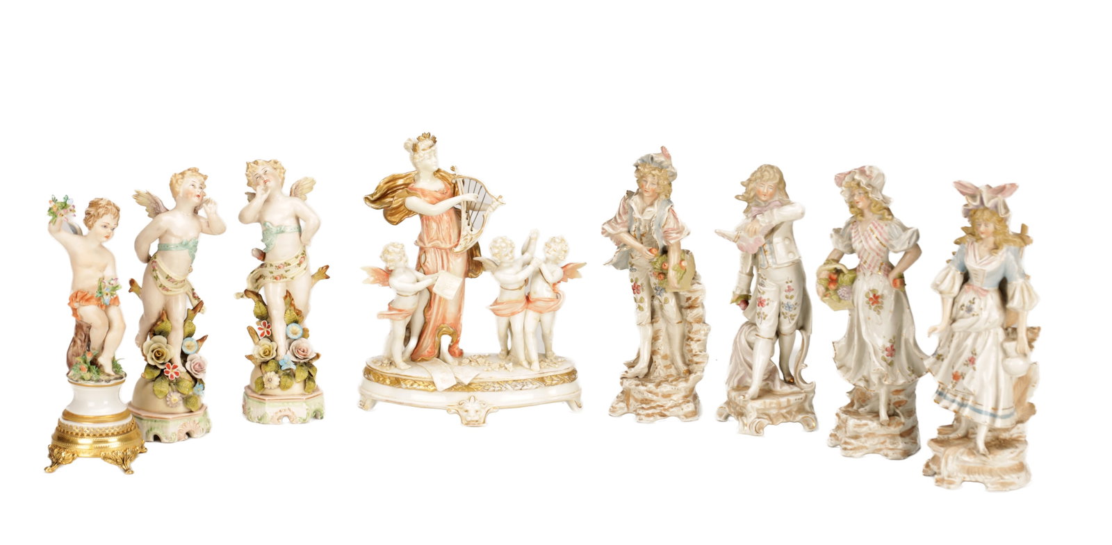 A COLLECTION OF EIGHT LATE 19TH CENTURY CONTINENTAL PORCELAIN FIGURES: A COLLECTION OF EIGHT LATE 19TH CENTURY CONTINENTAL PORCELAIN FIGURES comprising a classical maiden with lyre and three putti figure group, two seated putti on floral encrusted bases, a cherub on a gi
