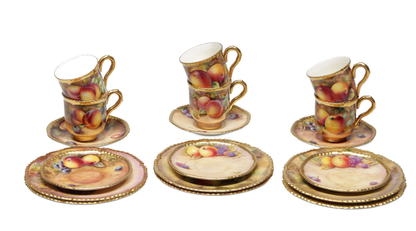 A SET OF SIX 20TH CENTURY ROYAL WORCESTER PORCELAIN FRUIT-PAINTED TEA CUPS AND SAUCERS WITH SIDE (1 of 9)