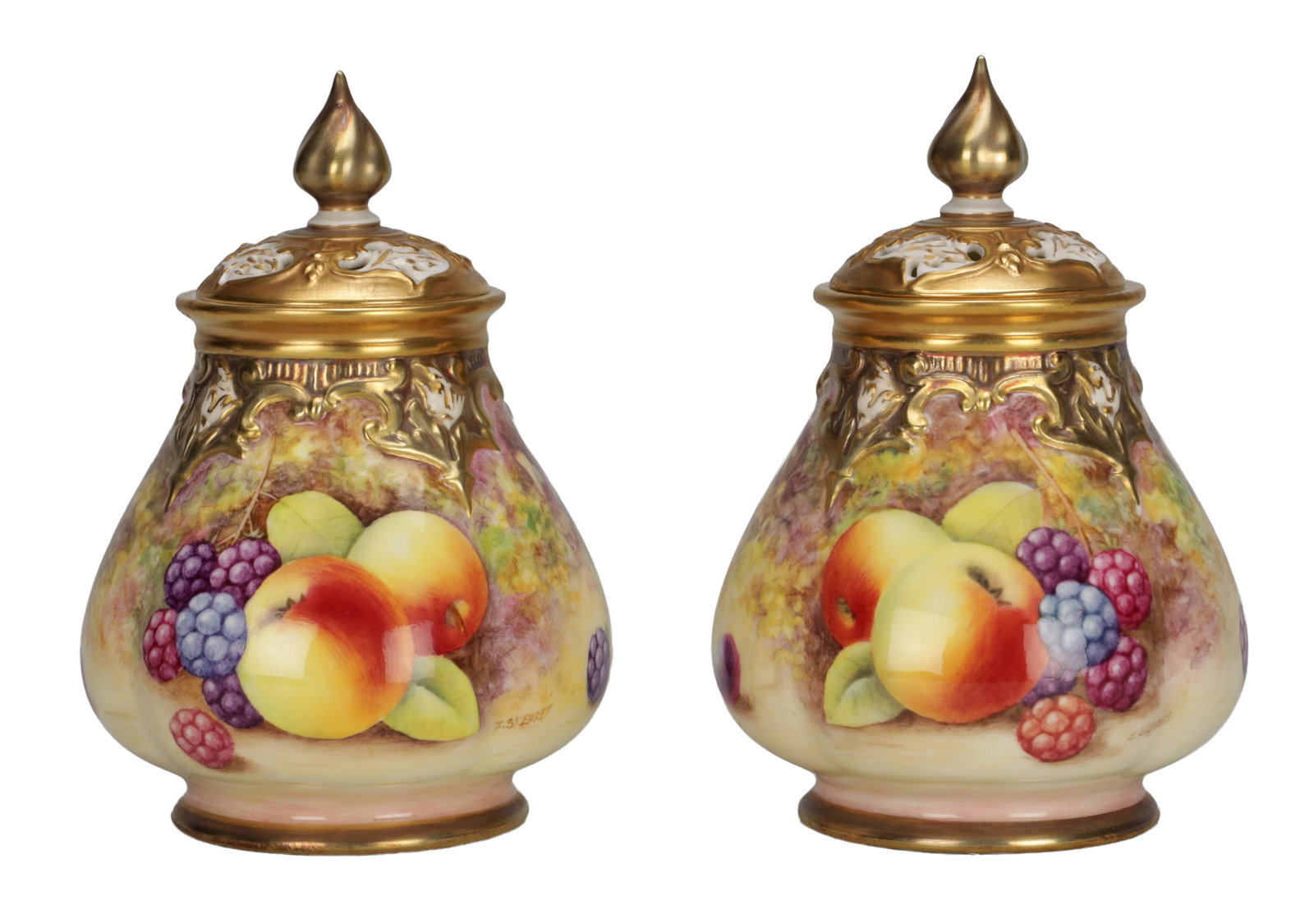 A PAIR OF 20TH CENTURY ROYAL WORCESTER PORCELAIN FRUIT PAINTED POT POURRI VASES AND COVERS SIGNED (1 of 10)