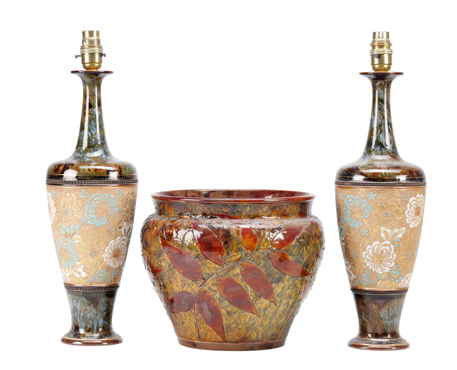 A PAIR OF LATE 19TH CENTURY ROYAL DOULTON SLATERS STONEWARE LAMP BASES AND A ROYAL DOULTON LAMBETH (1 of 10)