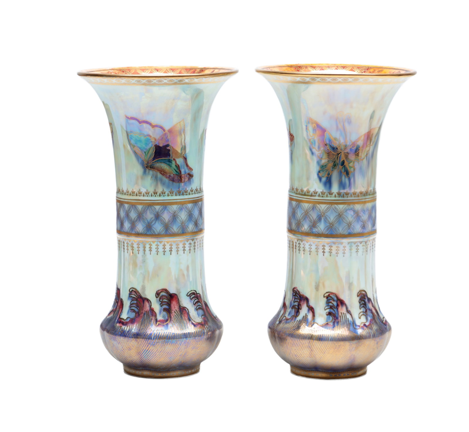 A PAIR OF WEDGWOOD POTTERY BUTTERFLY LUSTRE VASES DESIGNED BY DAISY MAKEIG-JONES PATTERN Z4832 (1 of 6)
