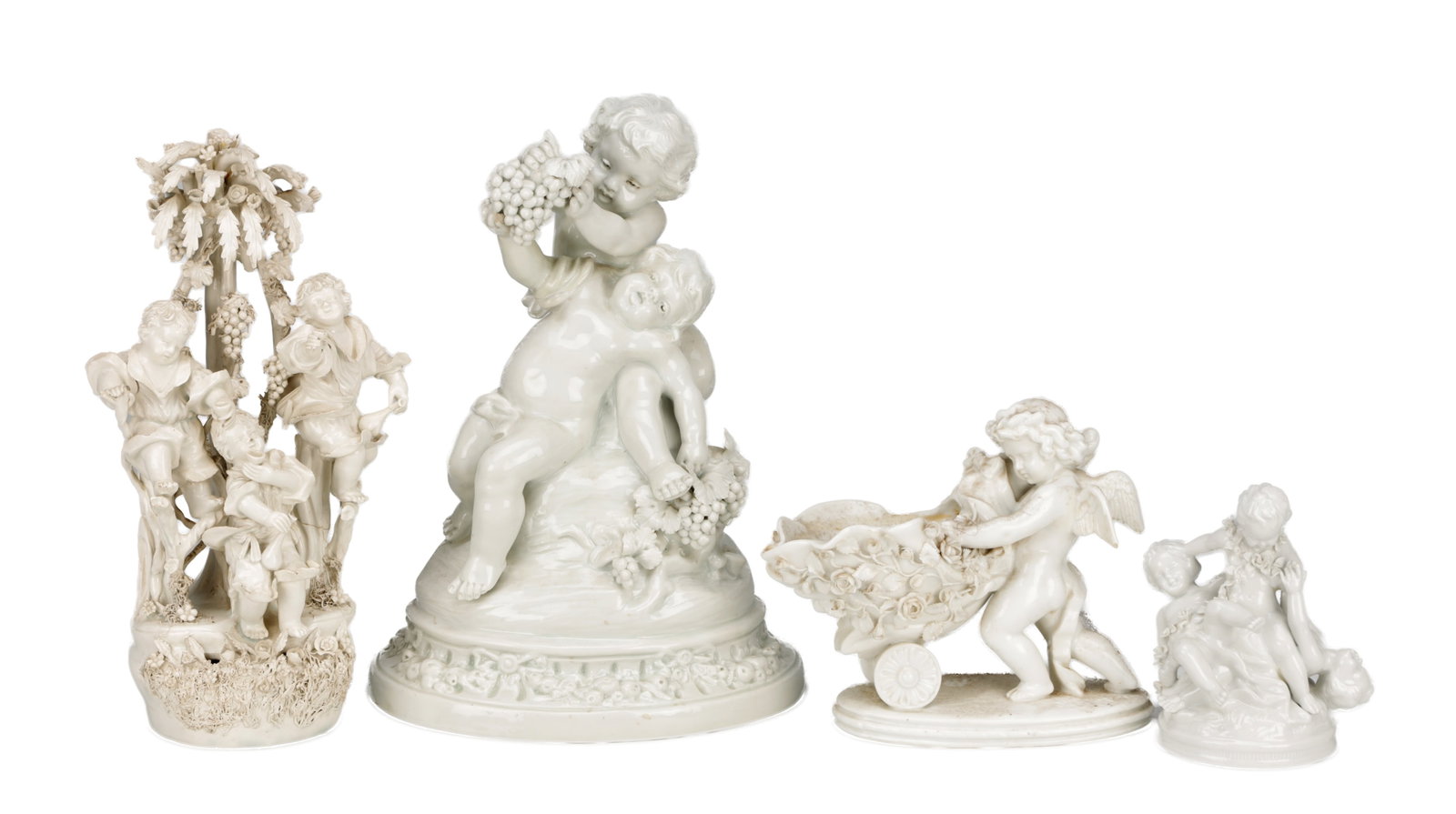FOUR LATE 19TH CENTURY CAPODIMONTE PORCELAIN FIGURE GROUPS: FOUR LATE 19TH CENTURY CAPODIMONTE PORCELAIN FIGURE GROUPS comprising putti and children in playful and allegorical compositions including a winged putto with a flower cart and grape gatherers, all in
