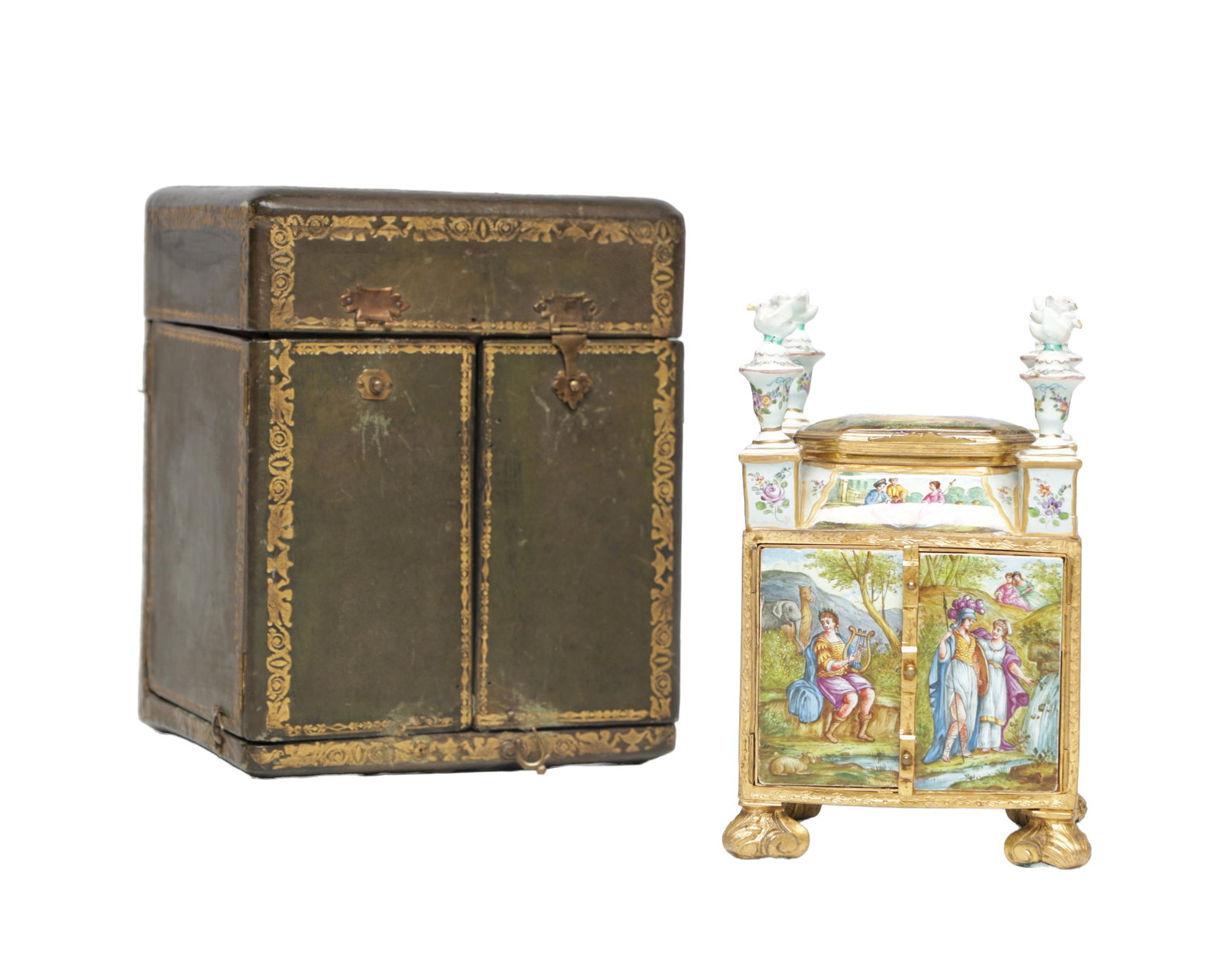 A FINE AND RARE MID 19TH CENTURY VIENNESE ENAMEL AND ORMOLU MINIATURE CABINET IN ORIGINAL FITTED (1 of 17)