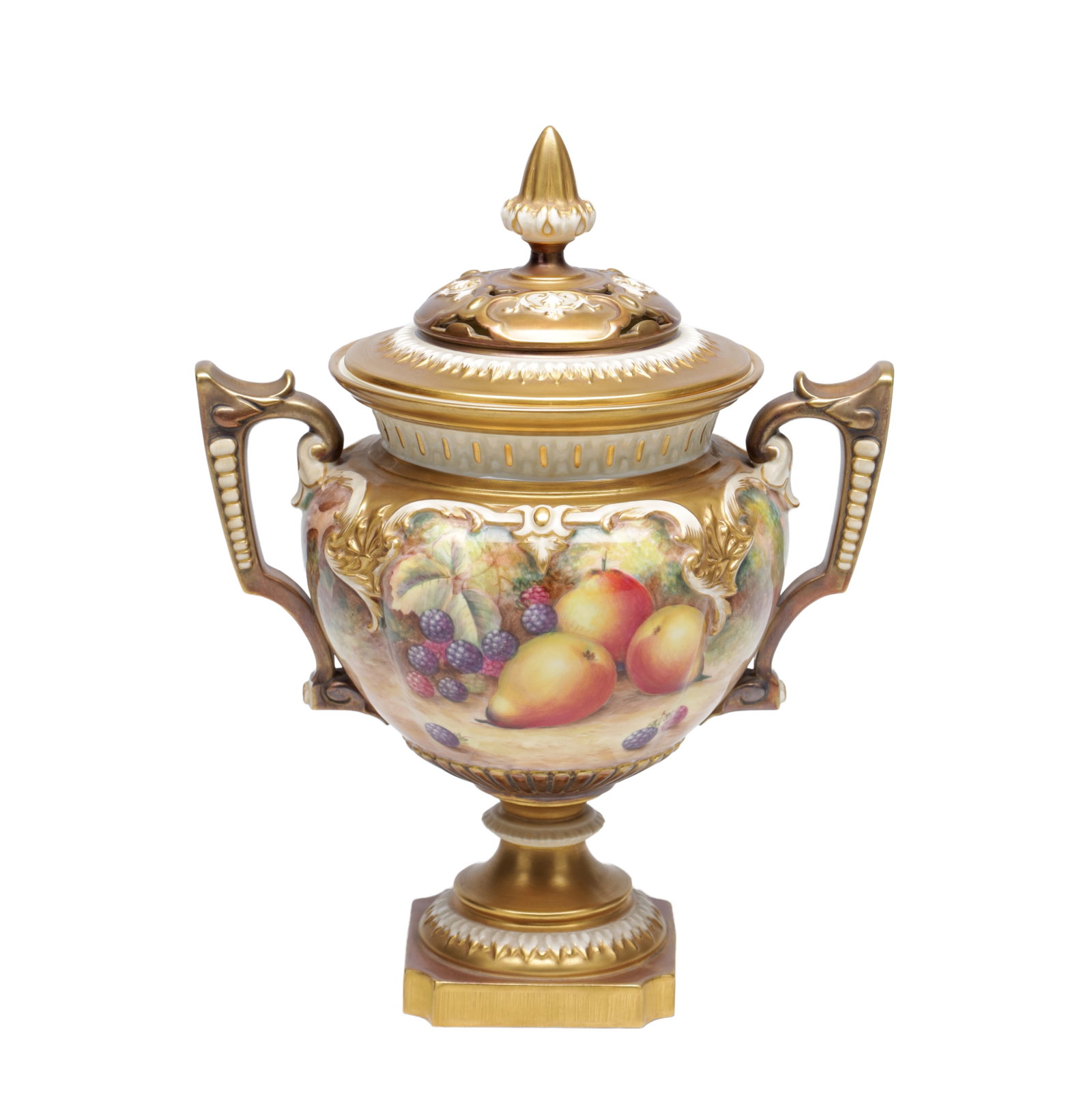 H AYRTON A ROYAL WORCESTER PORCELAIN FRUIT PAINTED TWO HANDLED PEDESTAL VASE AND COVER (1 of 11)