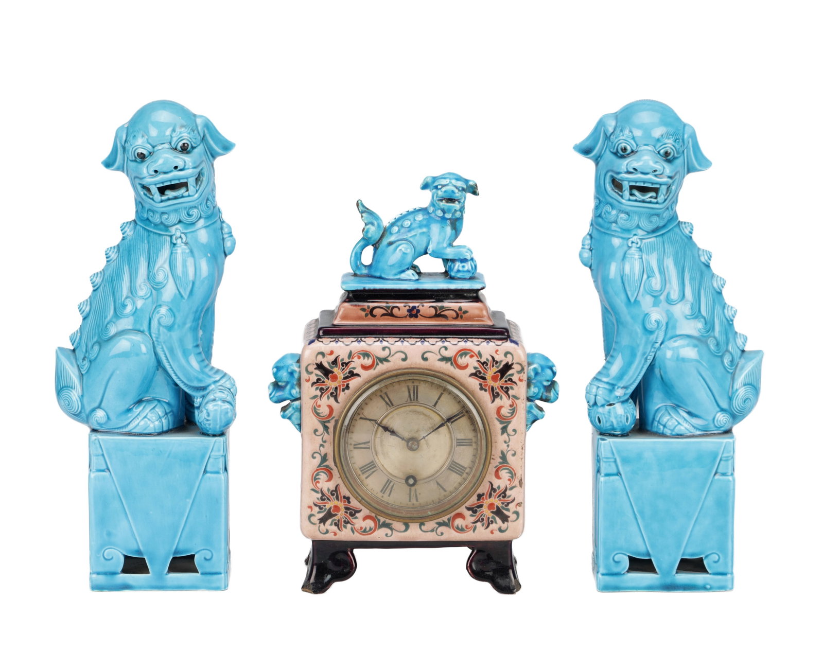 A THREE PIECE EARLY 20TH CENTURY TURQUOISE-GLAZED CERAMIC CLOCK GARNITURE (1 of 9)
