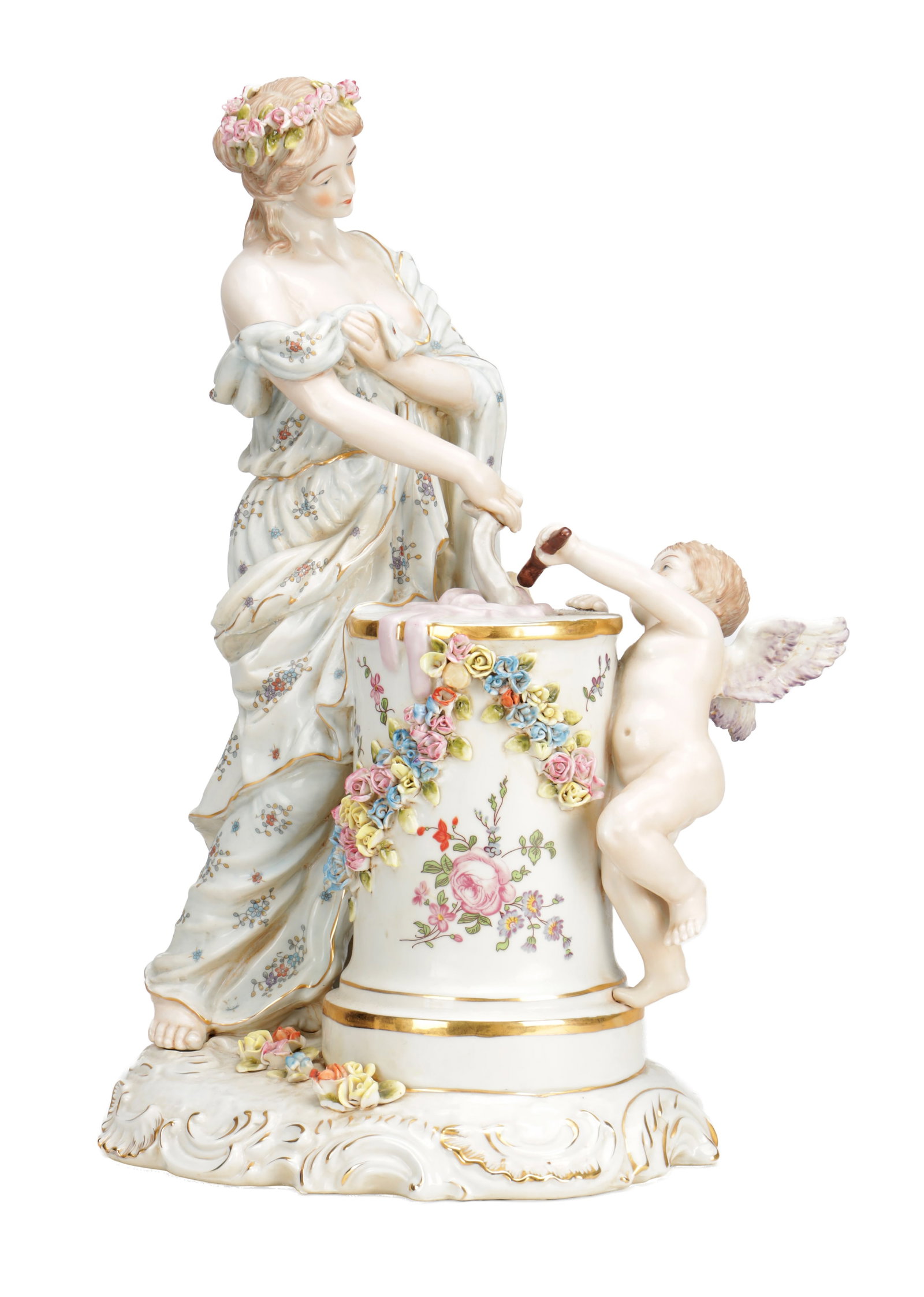 A LARGE LATE 19TH CENTURY SITZENDORF PORCELAIN FIGURE GROUP OF A MAIDEN AND CUPID (1 of 9)
