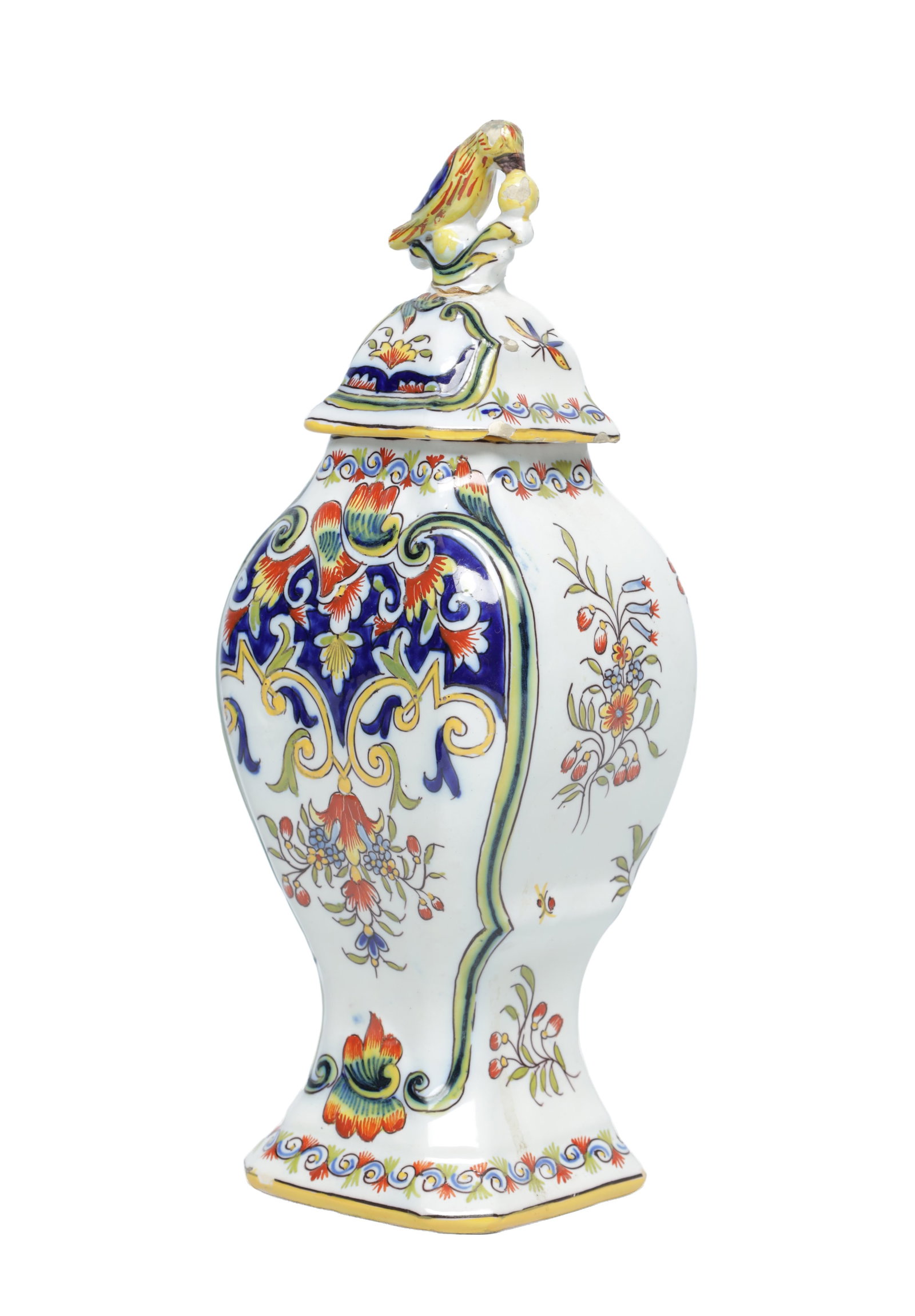 A 19TH CENTURY DUTCH DELFT TIN-GLAZED EARTHENWARE VASE AND COVER WITH BIRD FINIAL (1 of 5)