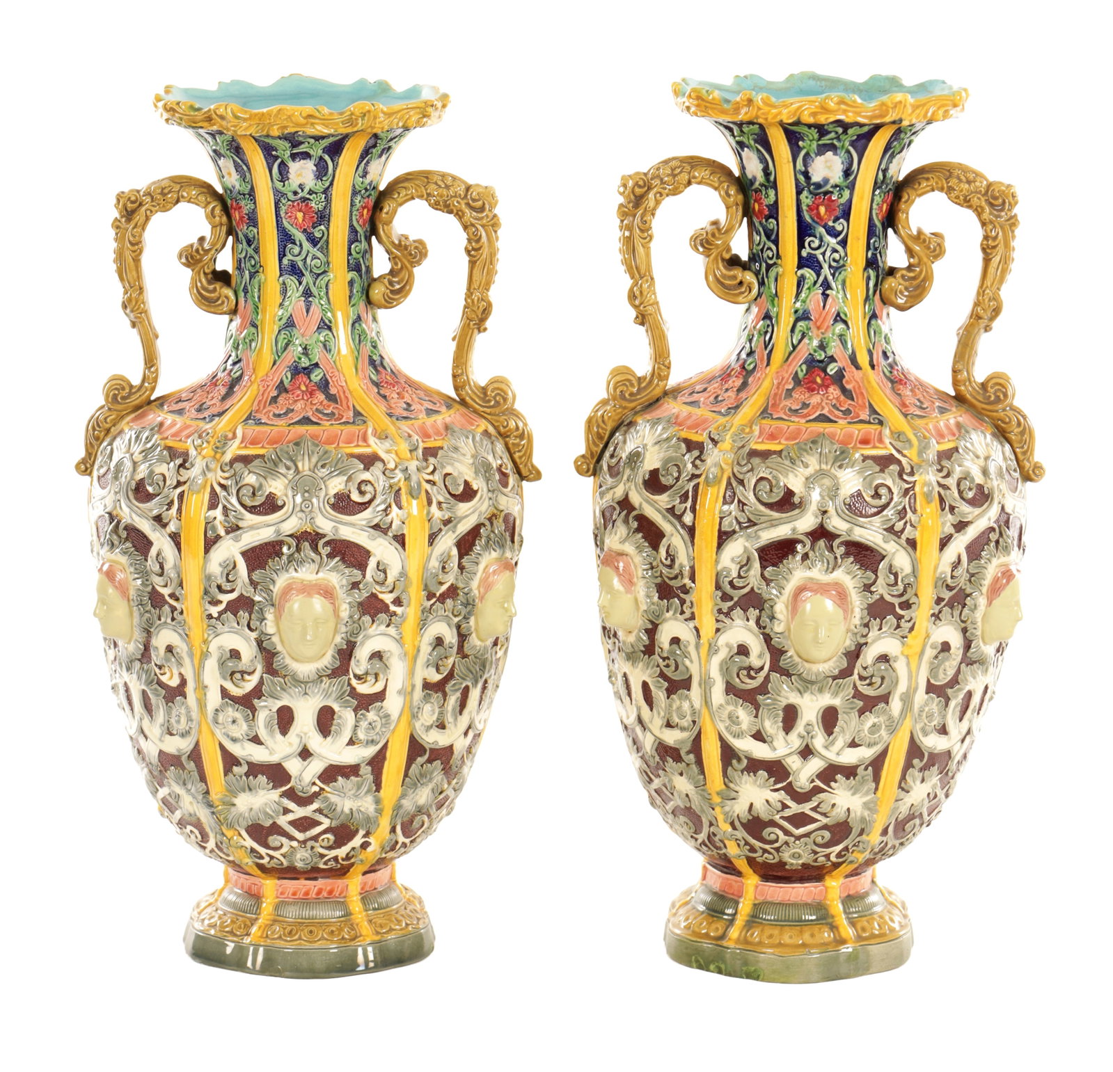 A PAIR OF LATE 19TH CENTURY COPELAND RENAISSANCE REVIVAL MAJOLICA VASES (1 of 13)