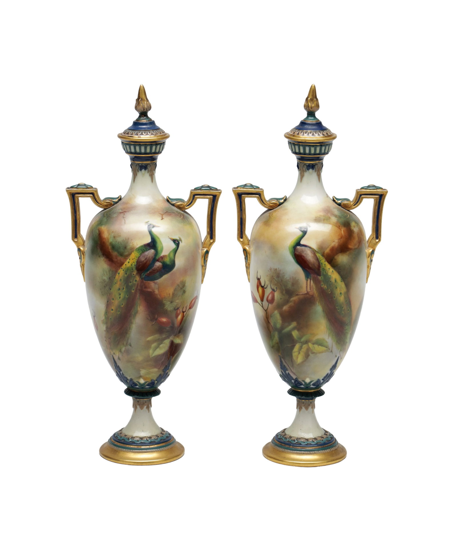 A PAIR OF LATE 19TH CENTURY ROYAL WORCESTER PORCELAIN PEACOCK VASES AND COVERS (1 of 15)