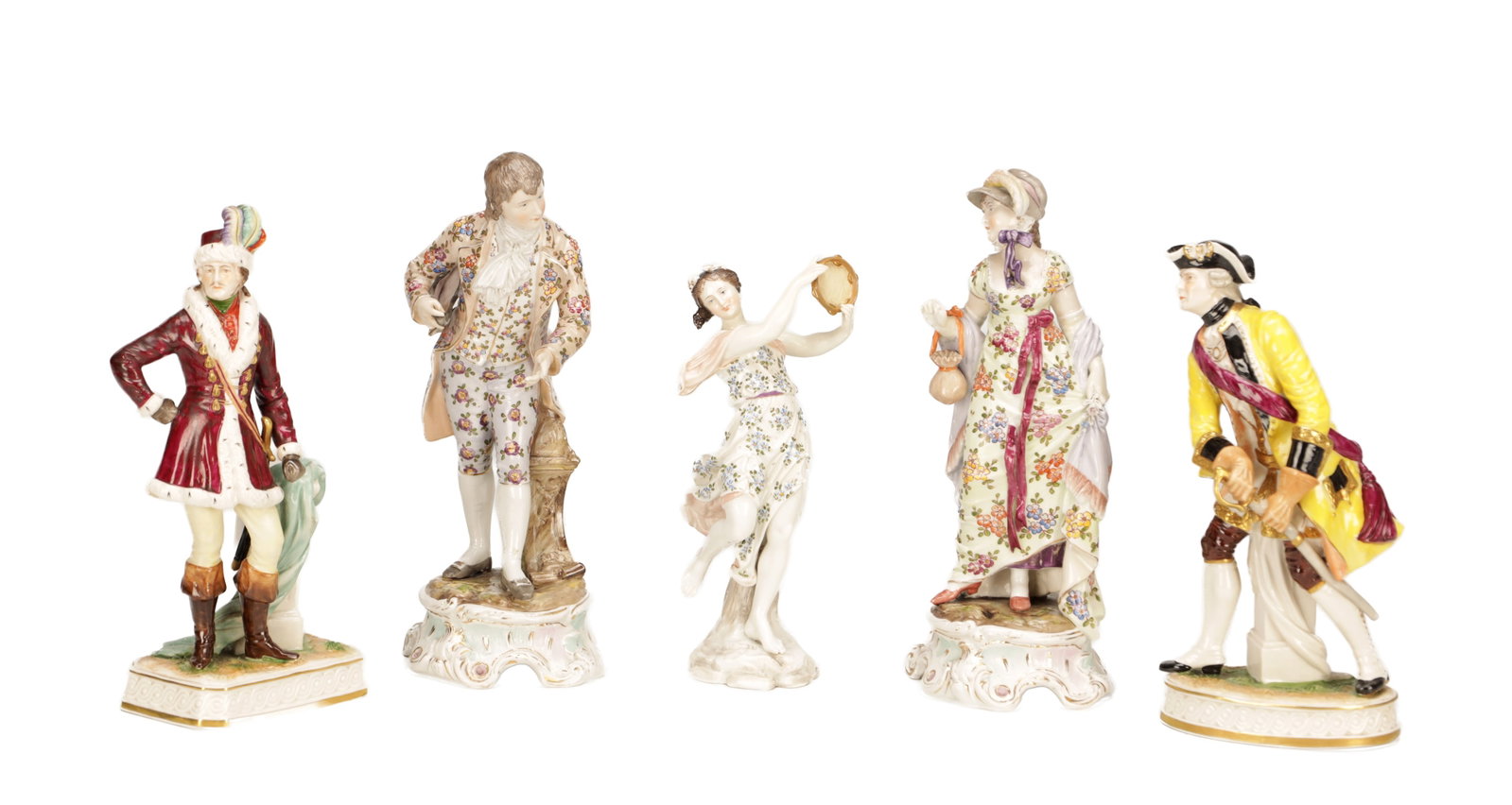 A COLLECTION OF FIVE LATE 19TH CENTURY CONTINENTAL PORCELAIN FIGURES: A COLLECTION OF FIVE LATE 19TH CENTURY CONTINENTAL PORCELAIN FIGURES comprising a tambourine dancer, a bonneted lady with purse and three gallants in 18th century dress, naturalistically painted in po