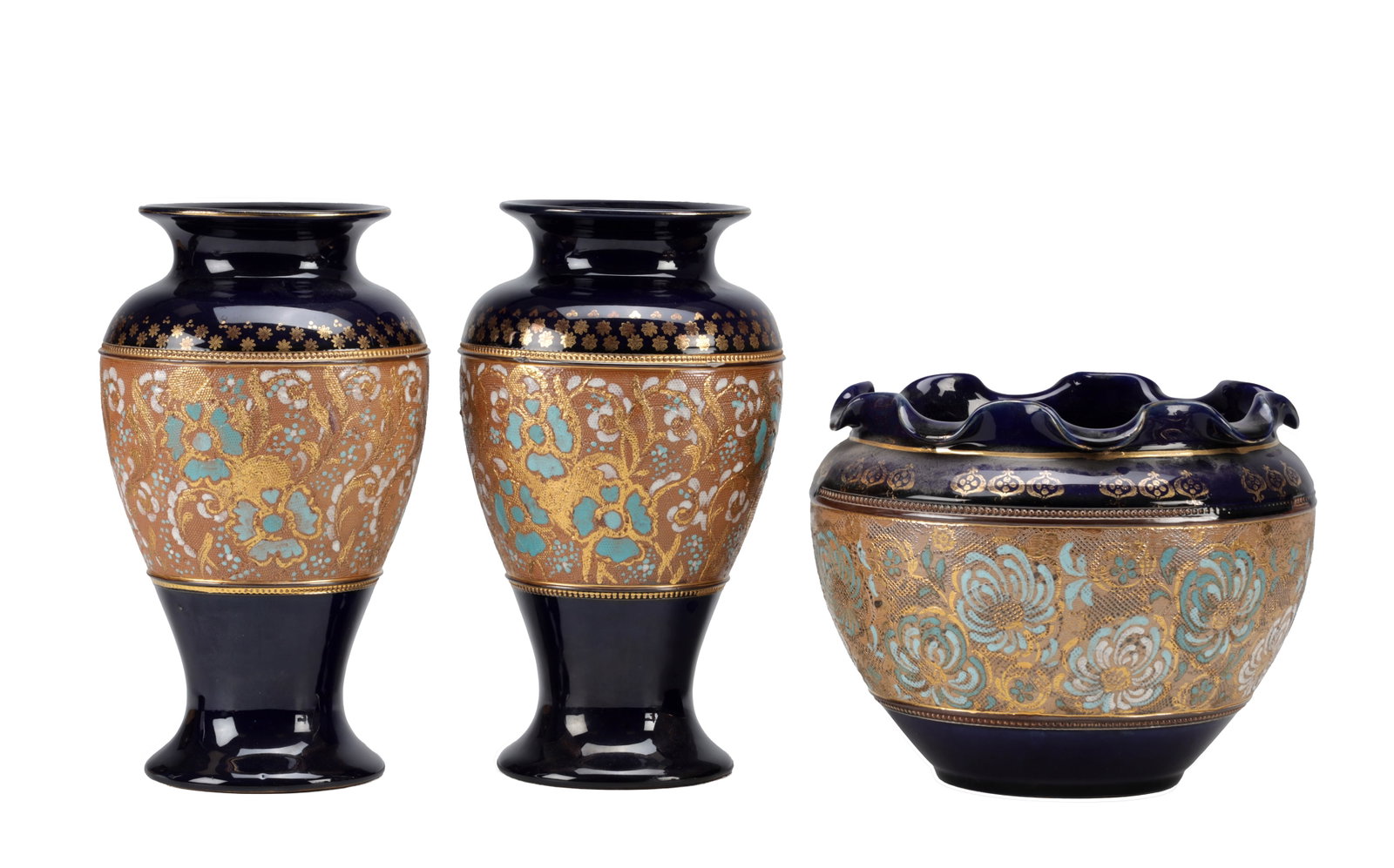 A PAIR OF EARLY 20TH CENTURY ROYAL DOULTON SLATERS VASES AND A JARDINIERE (1 of 8)