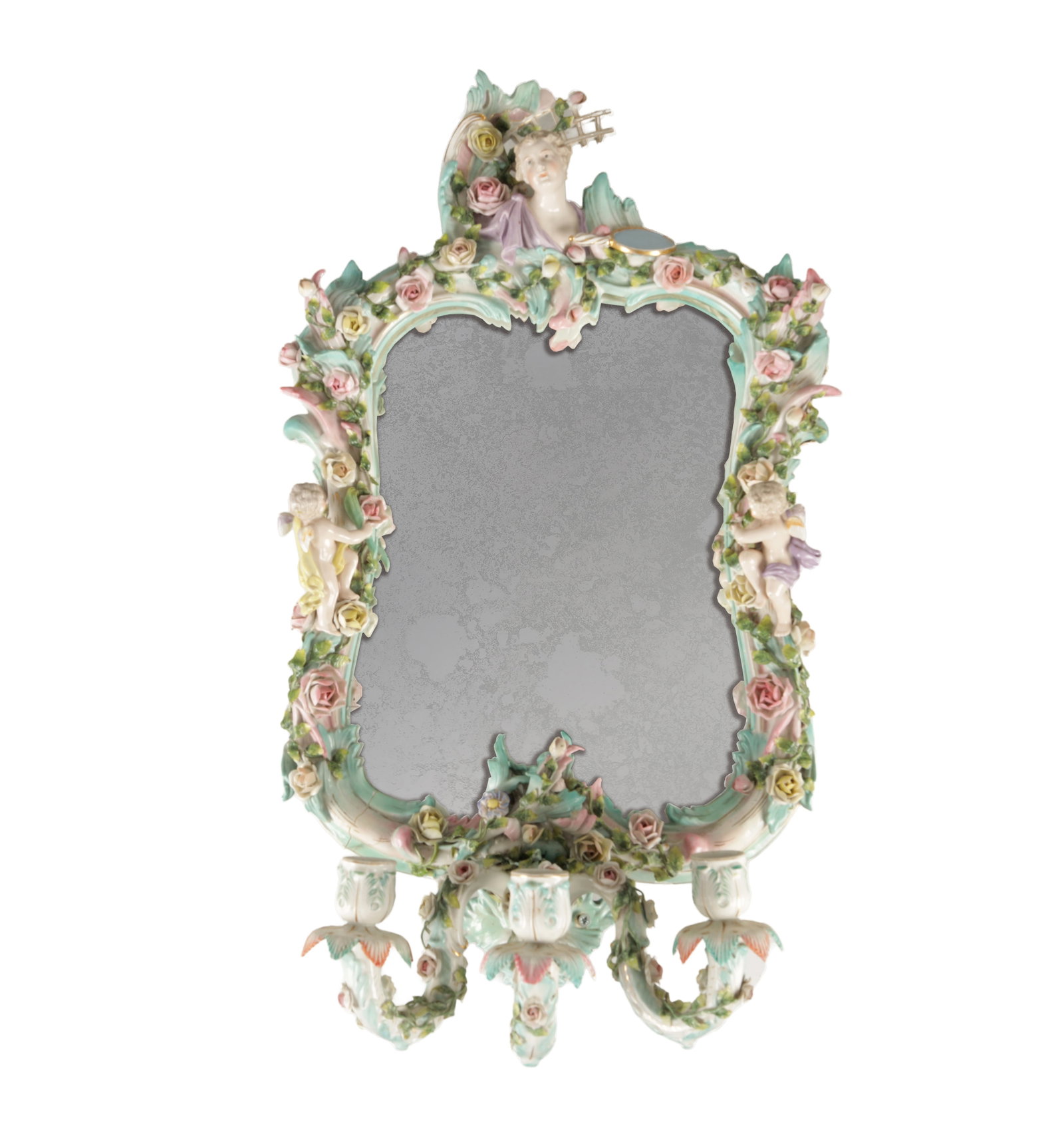 A 19TH CENTURY DRESDEN PORCELAIN ROCOCO STYLE HANGING GIRANDOLE MIRROR (1 of 6)