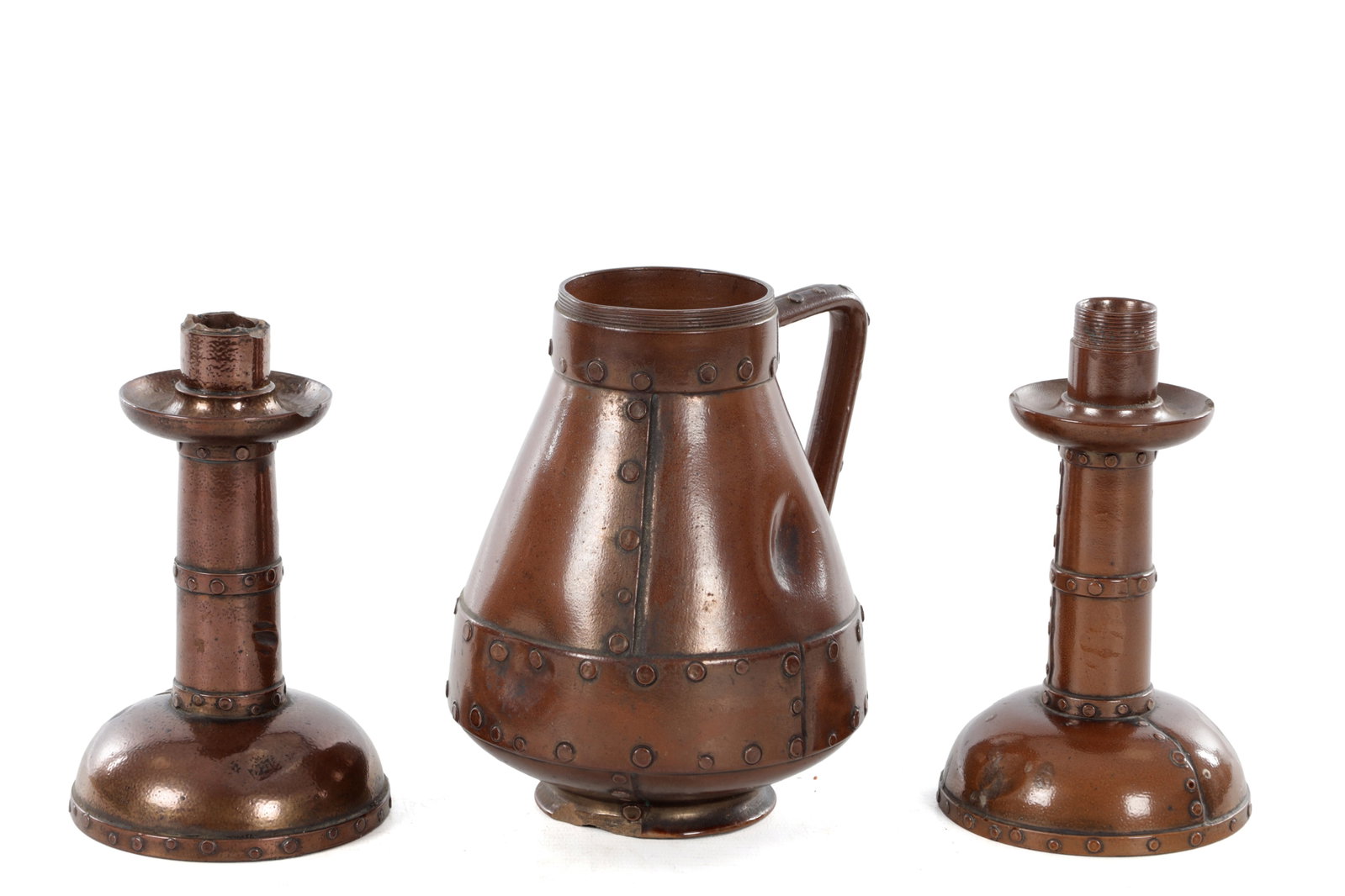 A LATE 19TH CENTURY RIVETED STONEWARE COPPER LUSTRE ROYAL DOULTON LAMBETH TRIO (1 of 10)