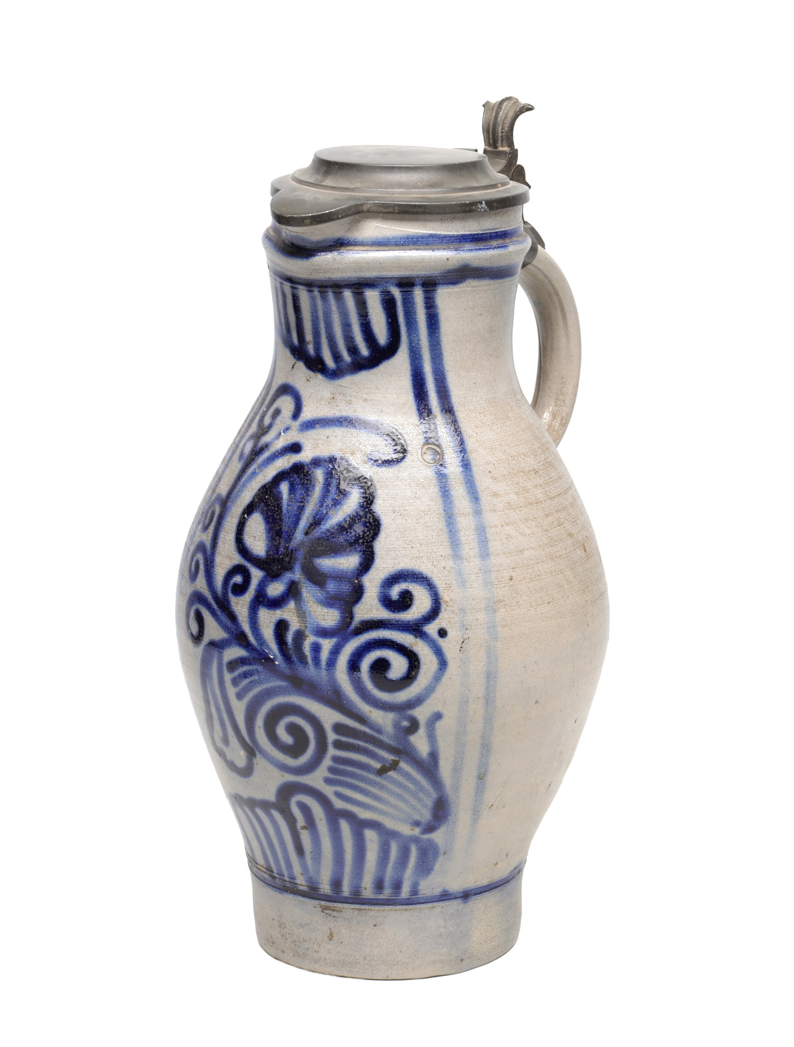 A LARGE 18TH CENTURY WESTERWALD SALT-GLAZED STONEWARE FLAGON WITH PEWTER LID (1 of 10)
