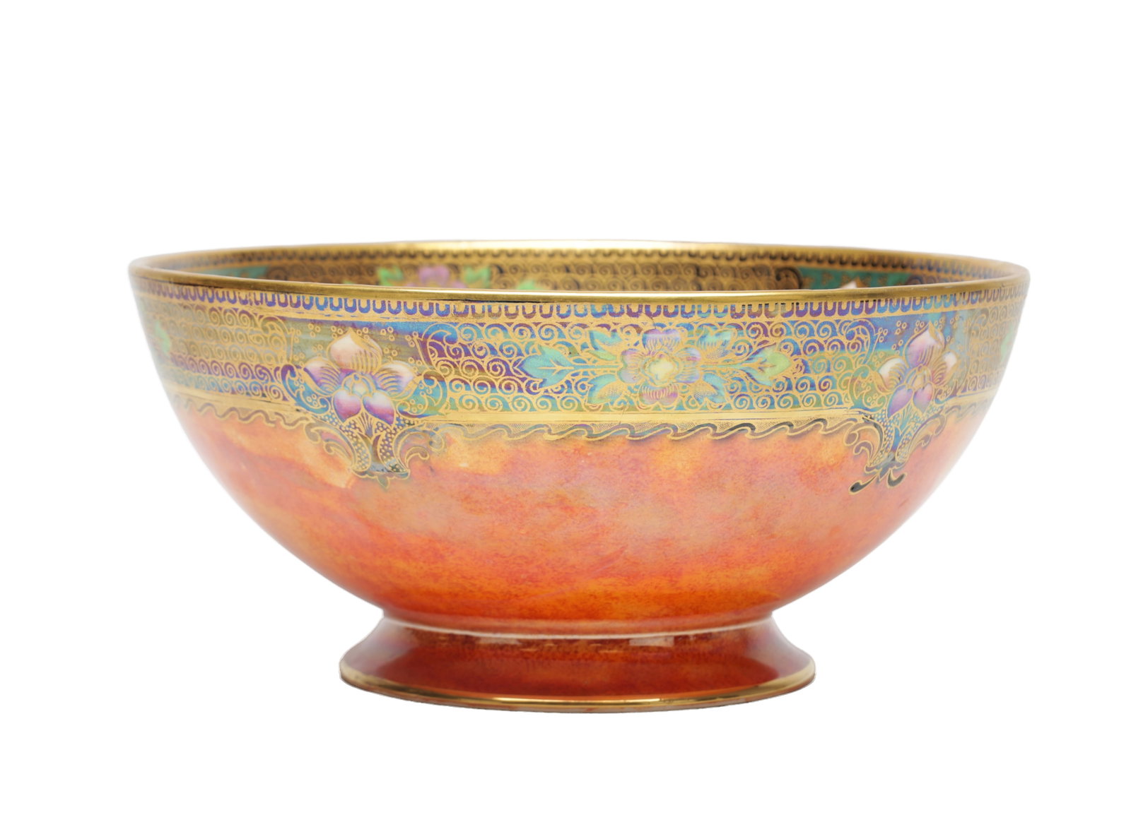 A 20TH CENTURY GEORGE JONES AND SON CRESCENT LUSTRE BOWL: A 20TH CENTURY GEORGE JONES AND SON CRESCENT LUSTRE BOWL of circular form with a rounded rim and flaring foot, decorated with an orange mottled lustre ground and a gilt and iridescent floral scroll bo