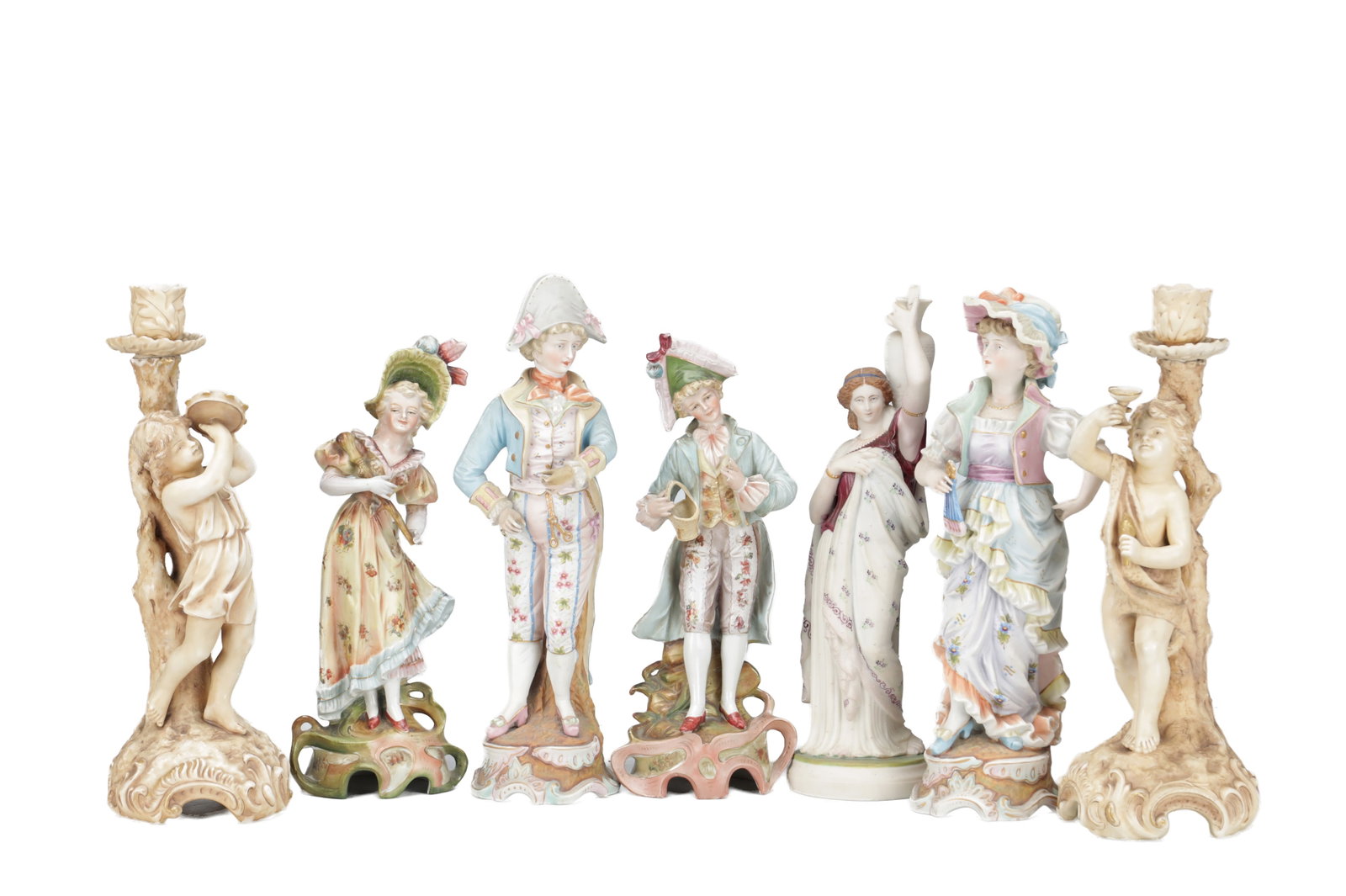 A COLLECTION OF SEVEN LATE 19TH CENTURY CONTINENTAL PORCELAIN FIGURES: A COLLECTION OF SEVEN LATE 19TH CENTURY CONTINENTAL PORCELAIN FIGURES (37cm high and smaller )
