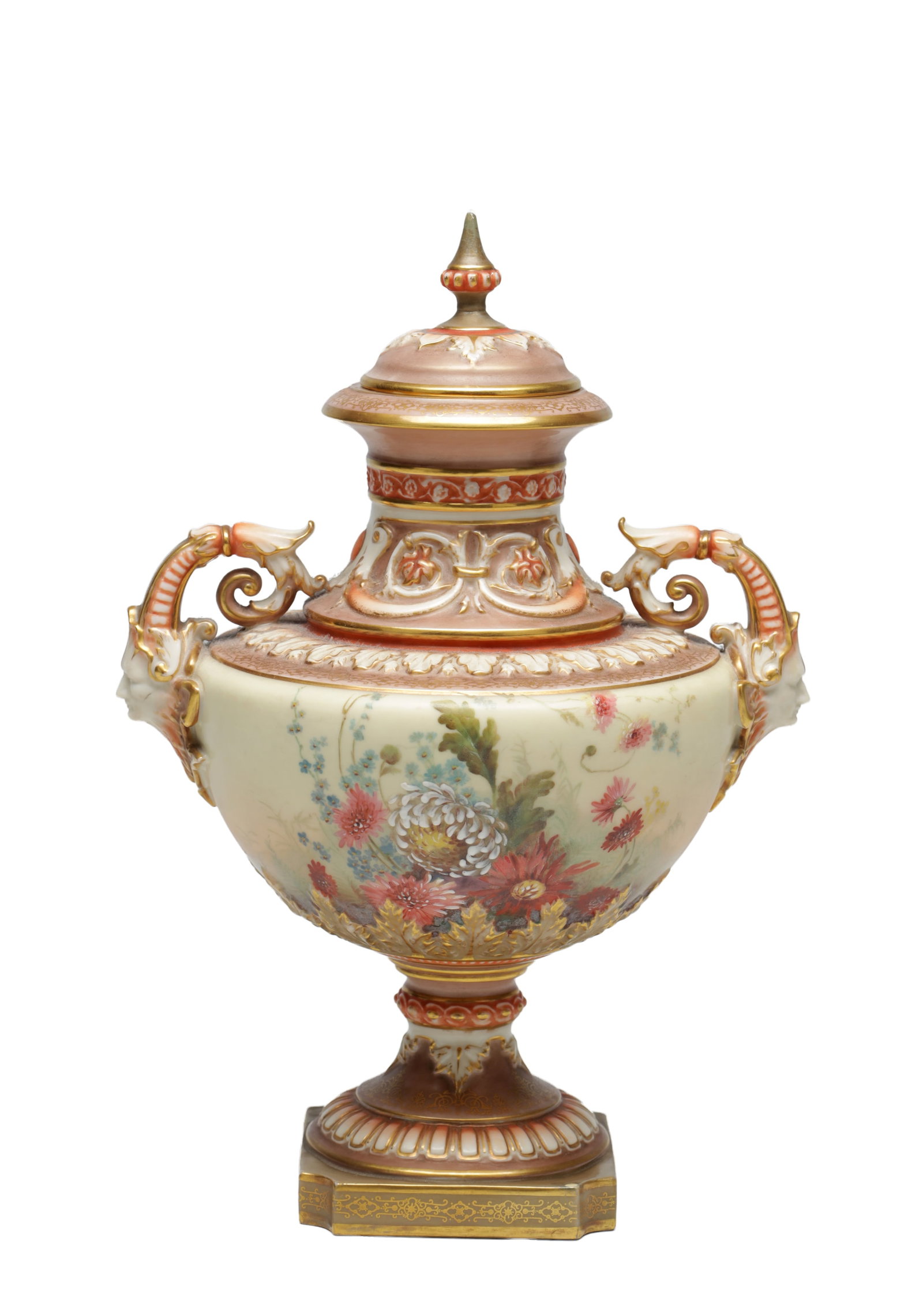 A LATE 19TH CENTURY ROYAL WORCESTER BLUSH IVORY PORCELAIN TWO-HANDLED PEDESTAL VASE AND COVER: A LATE 19TH CENTURY ROYAL WORCESTER BLUSH IVORY PORCELAIN TWO-HANDLED PEDESTAL VASE AND COVER of urn form with domed cover and knop, acanthus moulded scroll handles and applied ornament, finely painte