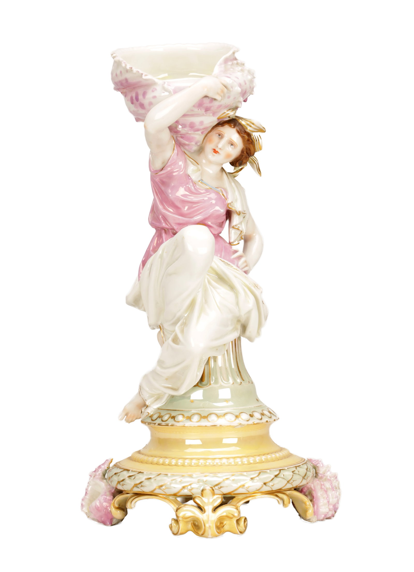 A 19TH CENTURY FRENCH BREVETE BRIANCHON PORCELAIN FIGURE: A 19TH CENTURY FRENCH BREVETE BRIANCHON PORCELAIN FIGURE modelled as a classical maiden supporting a large shell-form bowl on her shoulder, in polychrome glaze enriched with gilt, raised on a moulded 