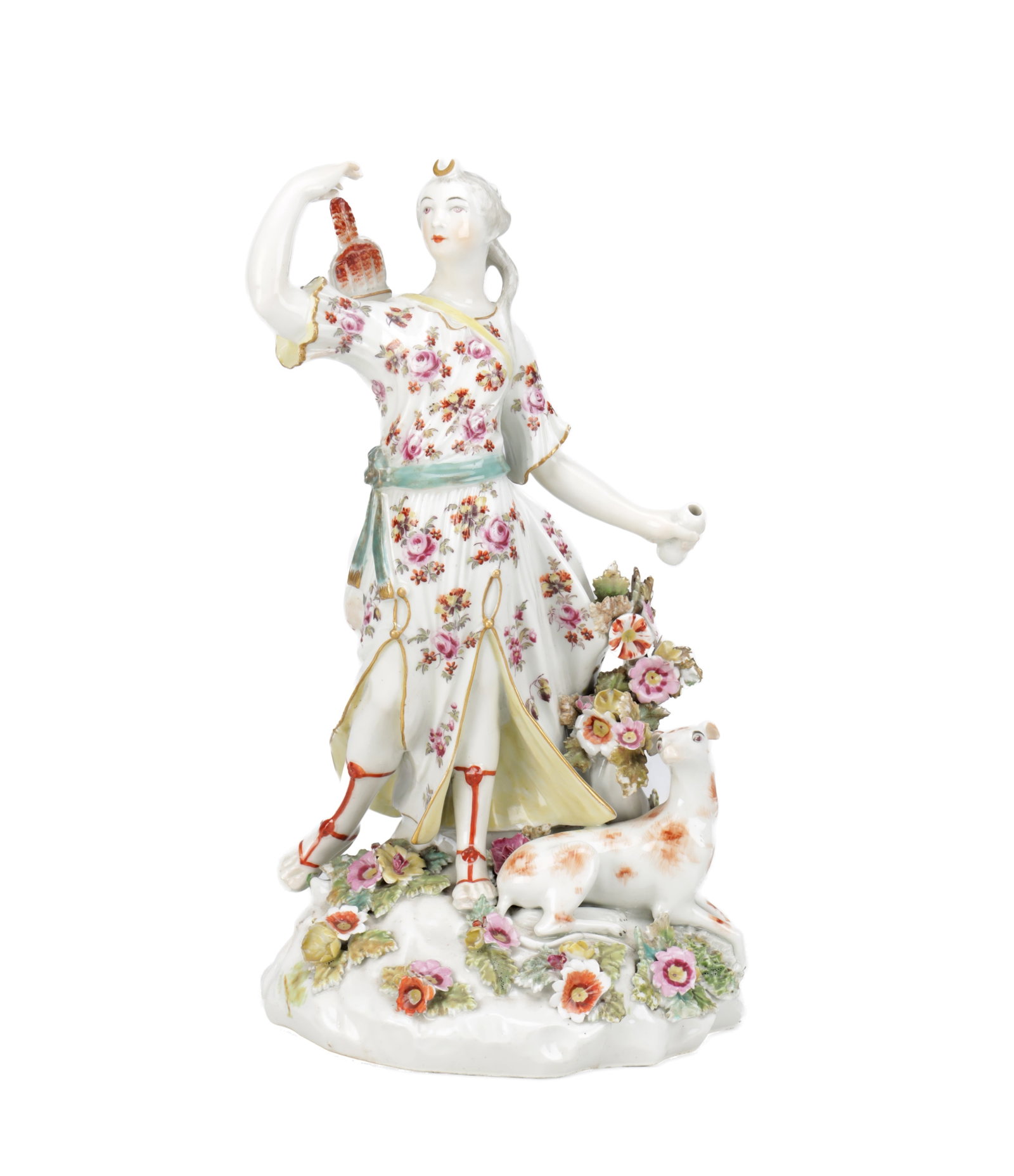 AN 18TH CENTURY DERBY PORCELAIN FIGURE OF DIANA WITH HOUND: AN 18TH CENTURY DERBY PORCELAIN FIGURE OF DIANA WITH HOUND modelled standing with a crescent moon diadem and flower-sprigged robe, a hound at her feet, on a naturalistic mound base with applied flower