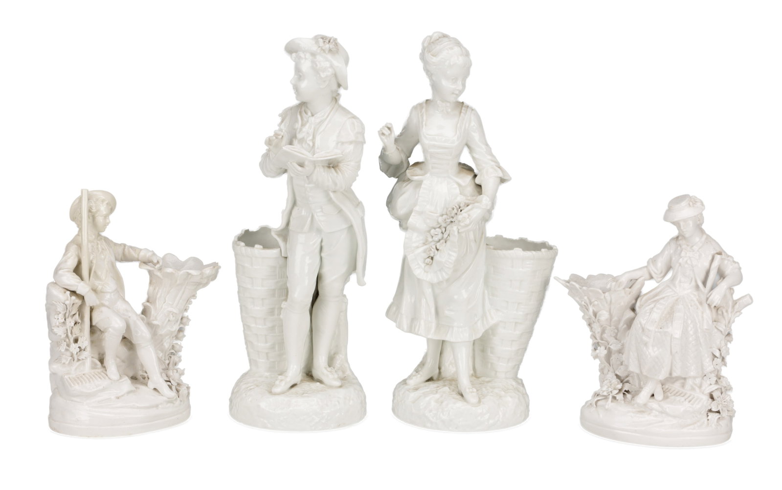 TWO PAIRS OF MEISSEN STYLE WHITE GLAZED PORCELAIN SPILL VASE FIGURE GROUPS (1 of 14)