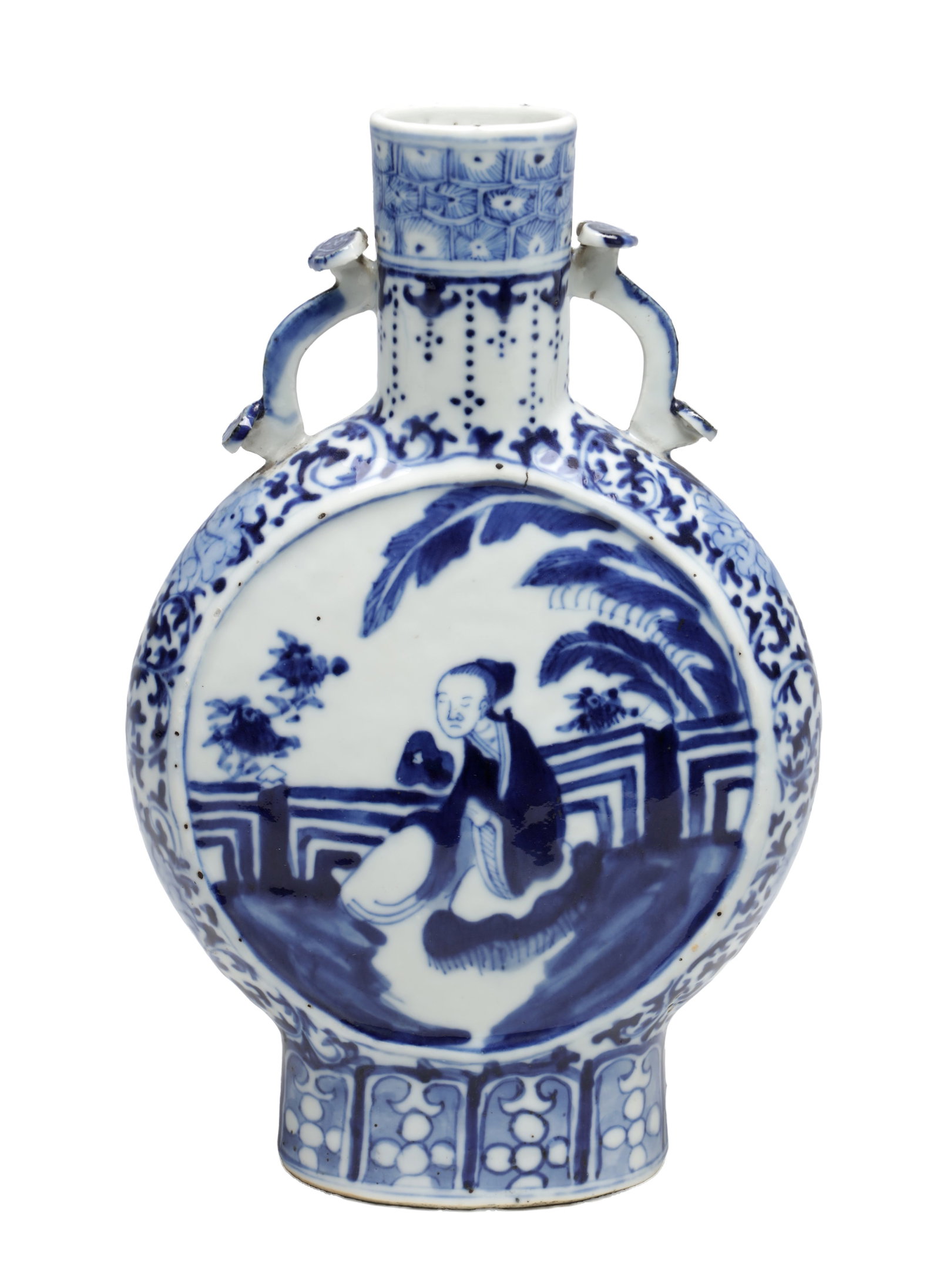 A CHINESE QING DYNASTY BLUE AND WHITE PORCELAIN MOONFLASK (1 of 8)