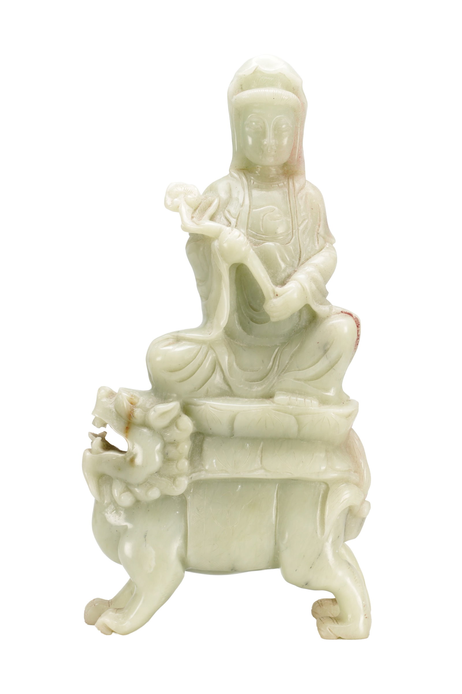 A 19TH CENTURY CHINESE CELADON JADE FIGURE SEATED ON A BUDDHIST LION (1 of 7)