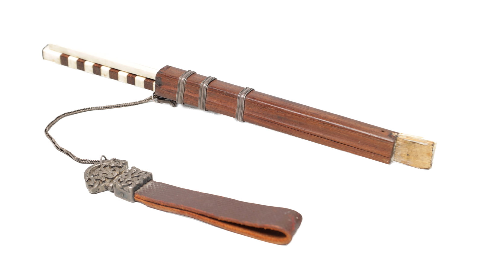 A CHINESE MANDARIN MANCHU KNIFE, SHEATH, CHOPSTICKS AND BELT LOOP: A CHINESE MANDARIN MANCHU KNIFE, SHEATH, CHOPSTICKS AND BELT LOOP with ivory chopsticks and segments, the wooden sheath bound with metal bands, the belt loop with cast mounts and cord suspension. Ivor