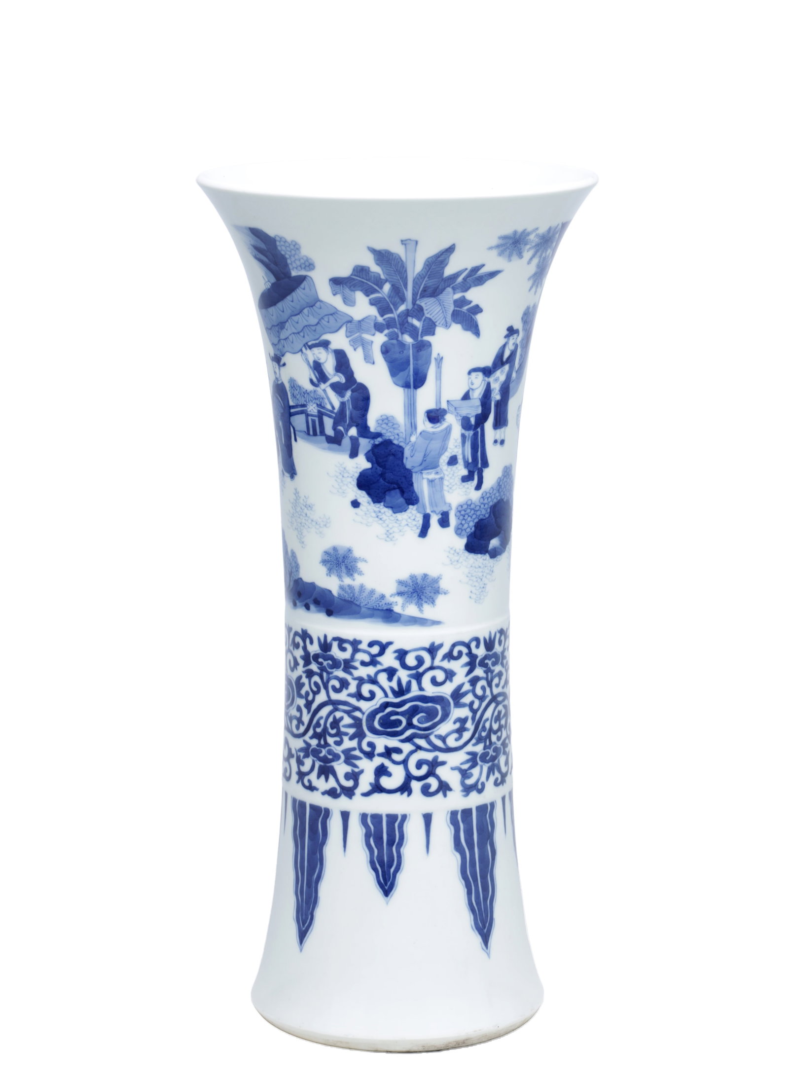 A CHINESE BLUE AND WHITE PORCELAIN GU VASE: A CHINESE BLUE AND WHITE PORCELAIN GU VASE of trumpet form with everted rim and spreading foot, painted in underglaze blue with figural garden scenes above a foliate scroll band and pendent lappets. (