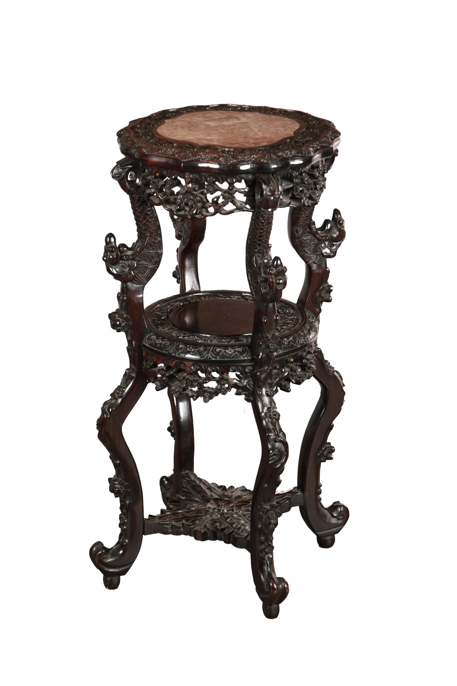A LATE 19TH CENTURY CHINESE CARVED HARDWOOD PLANT STAND WITH ROUGE MARBLE INSET (1 of 5)