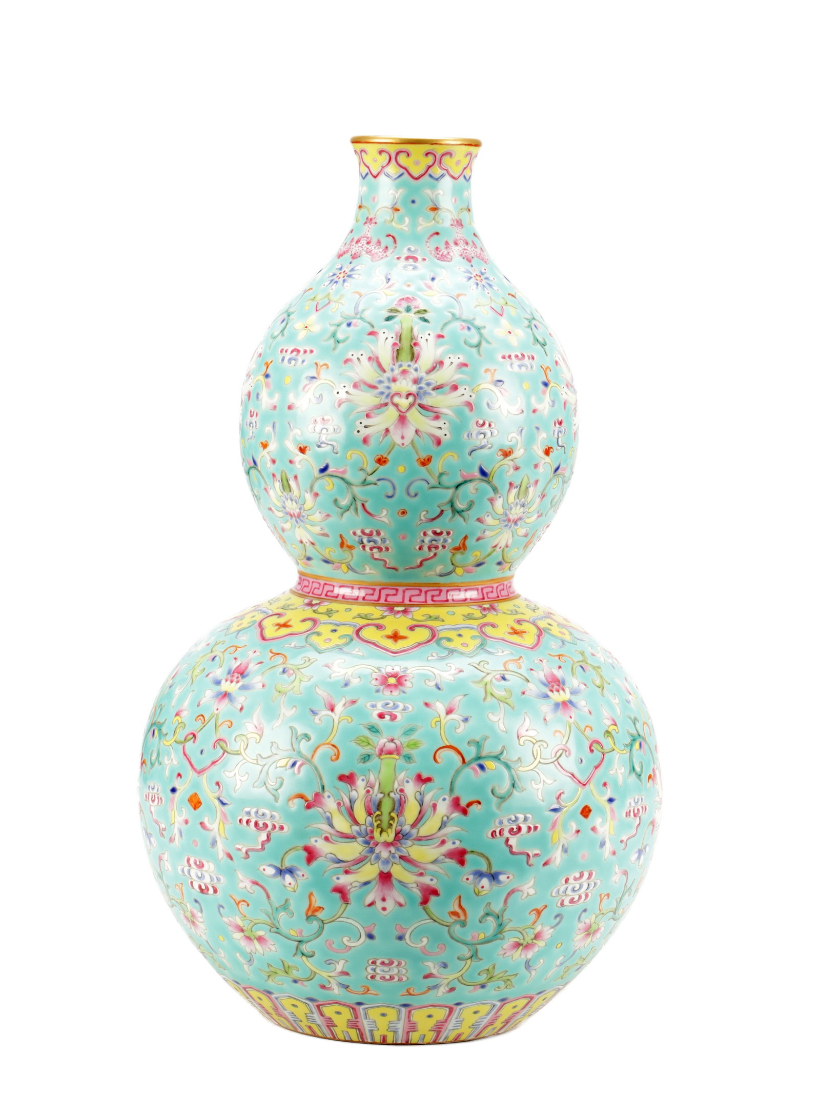 A 20TH CENTURY CHINESE PORCELAIN DOUBLE-GOURD FAMILLE ROSE VASE: A 20TH CENTURY CHINESE PORCELAIN DOUBLE-GOURD FAMILLE ROSE VASE with a turquoise ground enamelled with lotus and scrolling foliage within yellow and pink border bands, gilt rim, red character seal mar