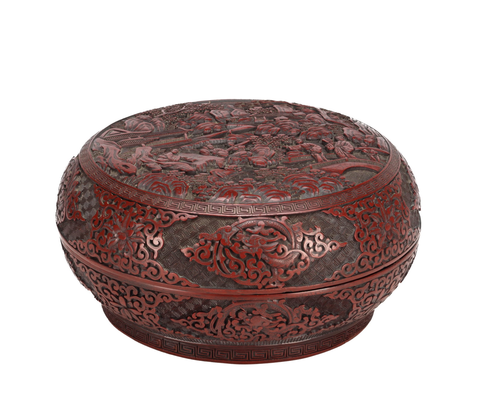 A FINE LARGE 19TH CENTURY CHINESE CINNABAR LACQUER CIRCULAR BOX AND COVER (1 of 7)