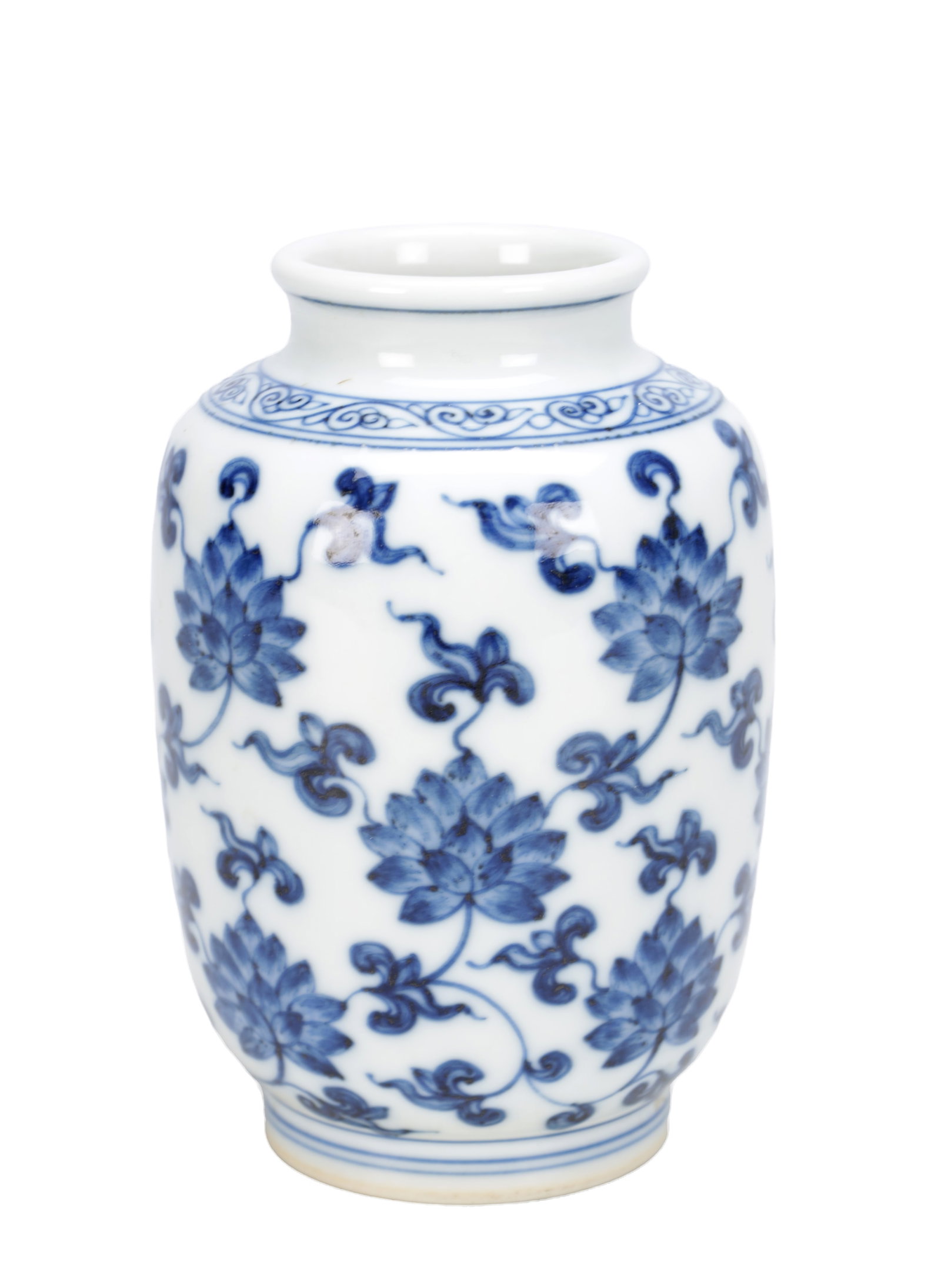 A CHINESE BLUE AND WHITE PORCELAIN LOTUS VASE: A CHINESE BLUE AND WHITE PORCELAIN LOTUS VASE of oviform form with short neck and everted rim, decorated in underglaze blue with all-over lotus blossoms and scrolling foliage, the shoulder with a