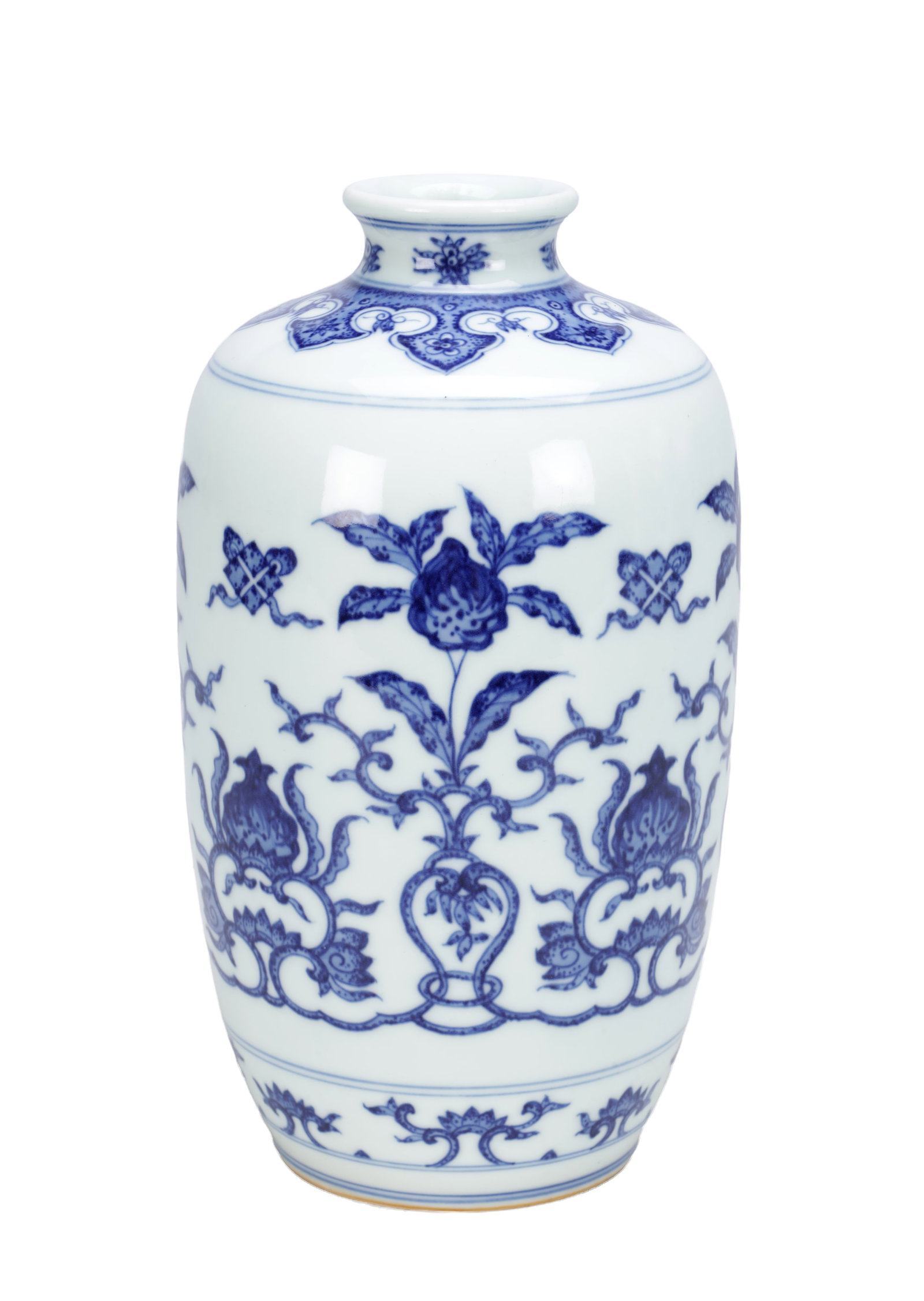 A 20TH CENTURY CHINESE BLUE AND WHITE PORCELAIN MEIPING VASE: A 20TH CENTURY CHINESE BLUE AND WHITE PORCELAIN MEIPING VASE of shouldered baluster form with short flared neck and rounded rim, decorated in underglaze blue with stylised flowerheads, scrolling