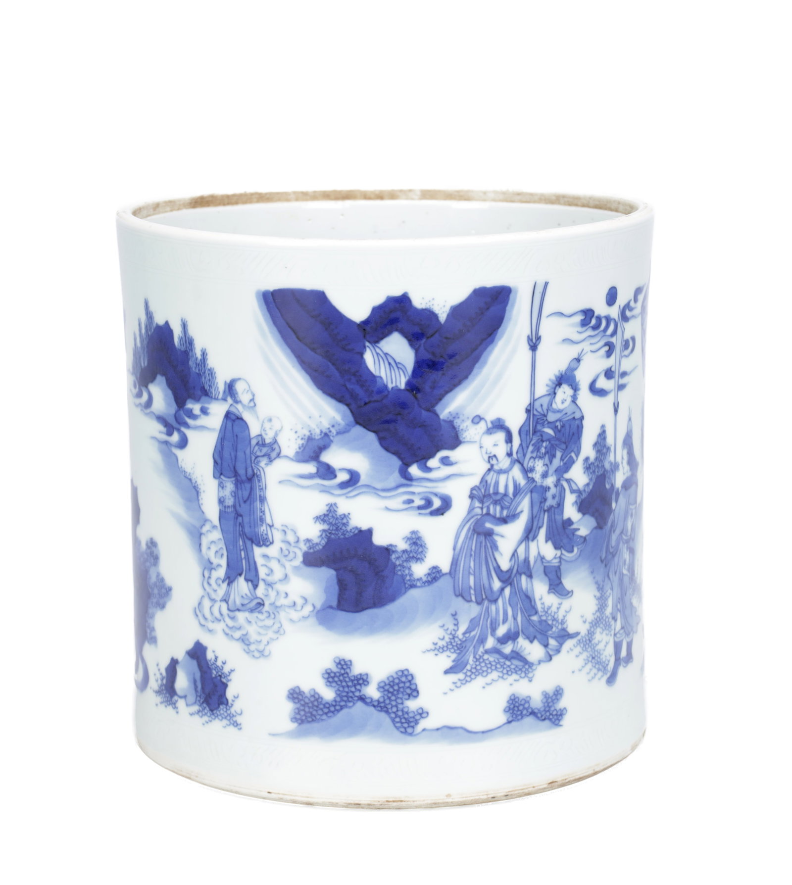 A CHINESE BLUE AND WHITE PORCELAIN BRUSH POT: A CHINESE BLUE AND WHITE PORCELAIN BRUSH POT of cylindrical form painted in underglaze blue with a continuous scene of scholars and attendants in a mountainous landscape among clouds. (21cm high)