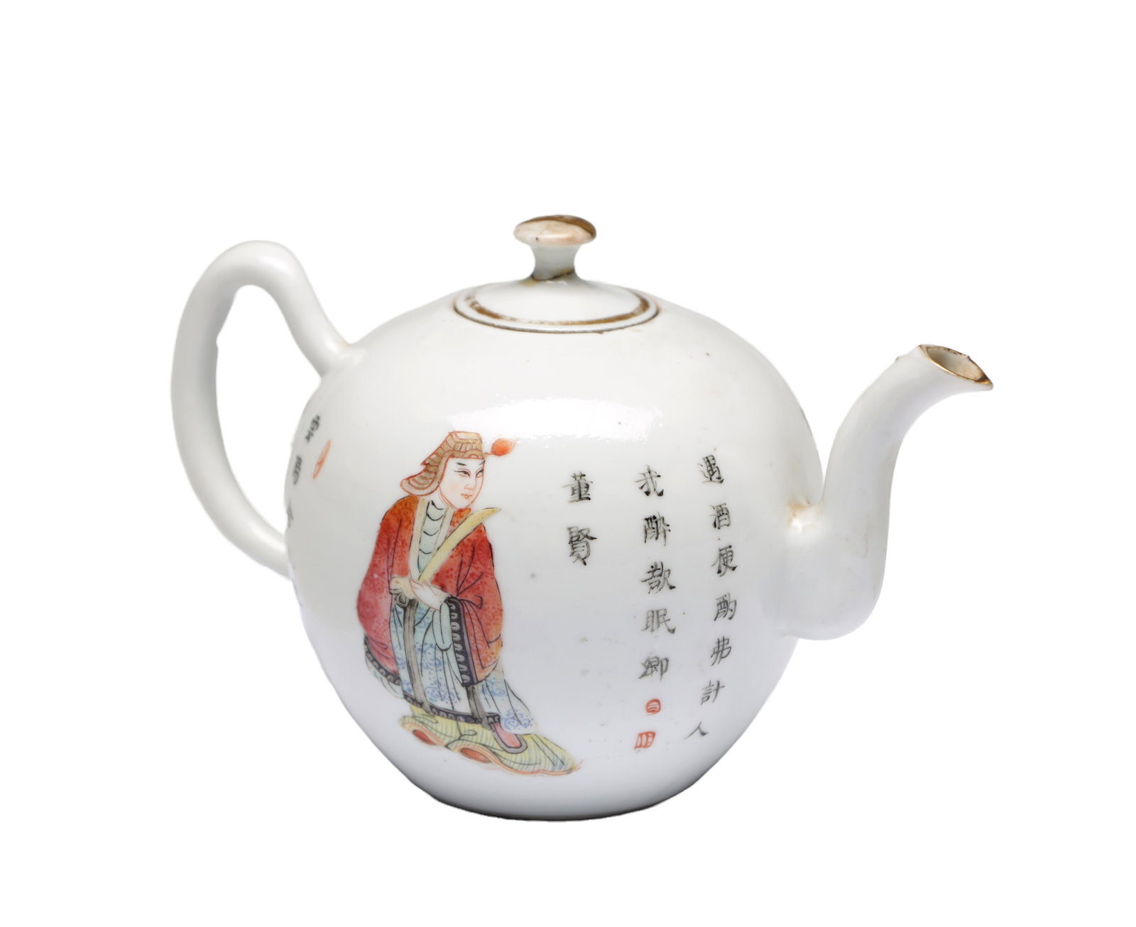 A CHINESE FAMILLE ROSE PORCELAIN TEAPOT: A CHINESE FAMILLE ROSE PORCELAIN TEAPOT of globular form with loop handle and curved spout, the domed cover with knop finial, enamelled with a standing figure and calligraphic inscription on a white