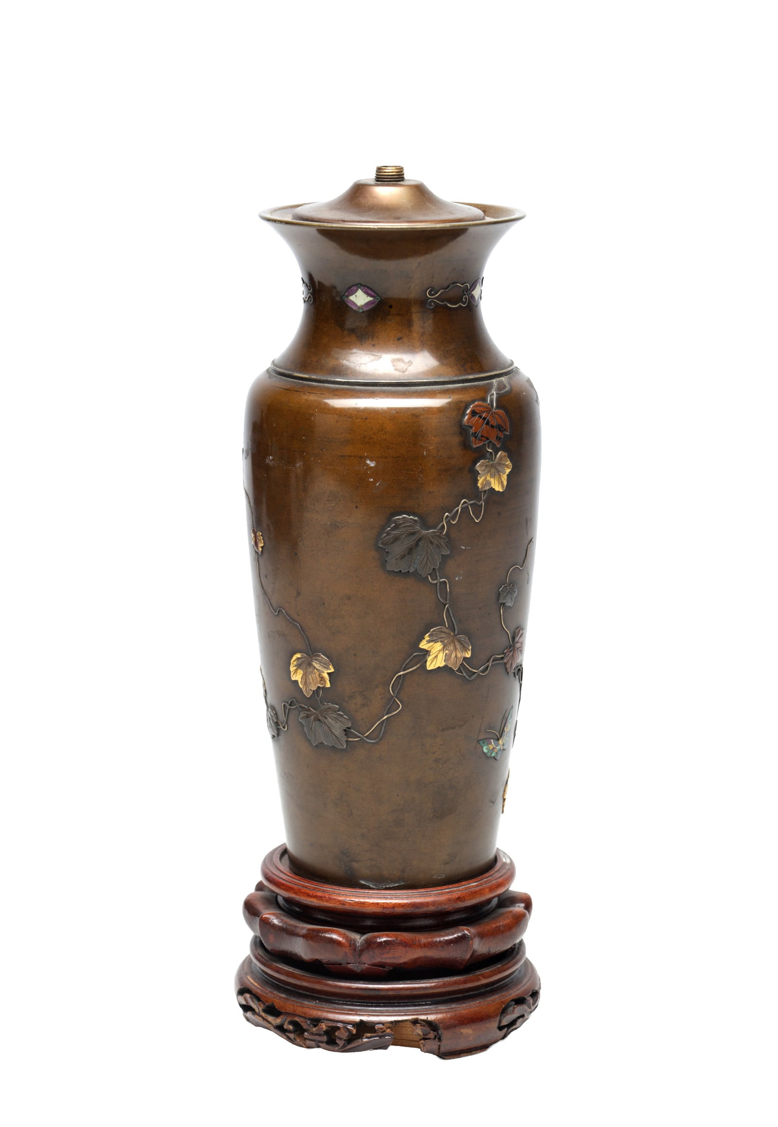 A MEIJI PERIOD JAPANESE MIXED METAL VASE ON CARVED WOOD STAND (1 of 6)