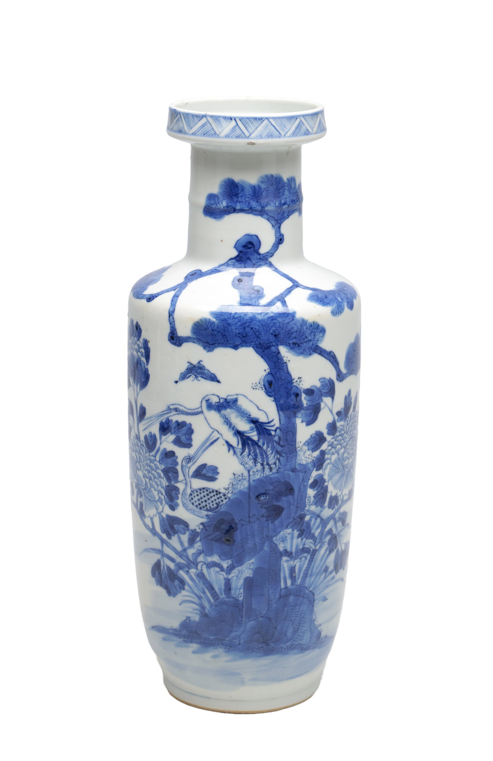 A CHINESE BLUE AND WHITE PORCELAIN ROULEAU VASE: A CHINESE BLUE AND WHITE PORCELAIN ROULEAU VASE of rouleau form with tall cylindrical body, straight neck and everted rim, painted in underglaze blue with cranes, butterflies and bats amongst pine, pe