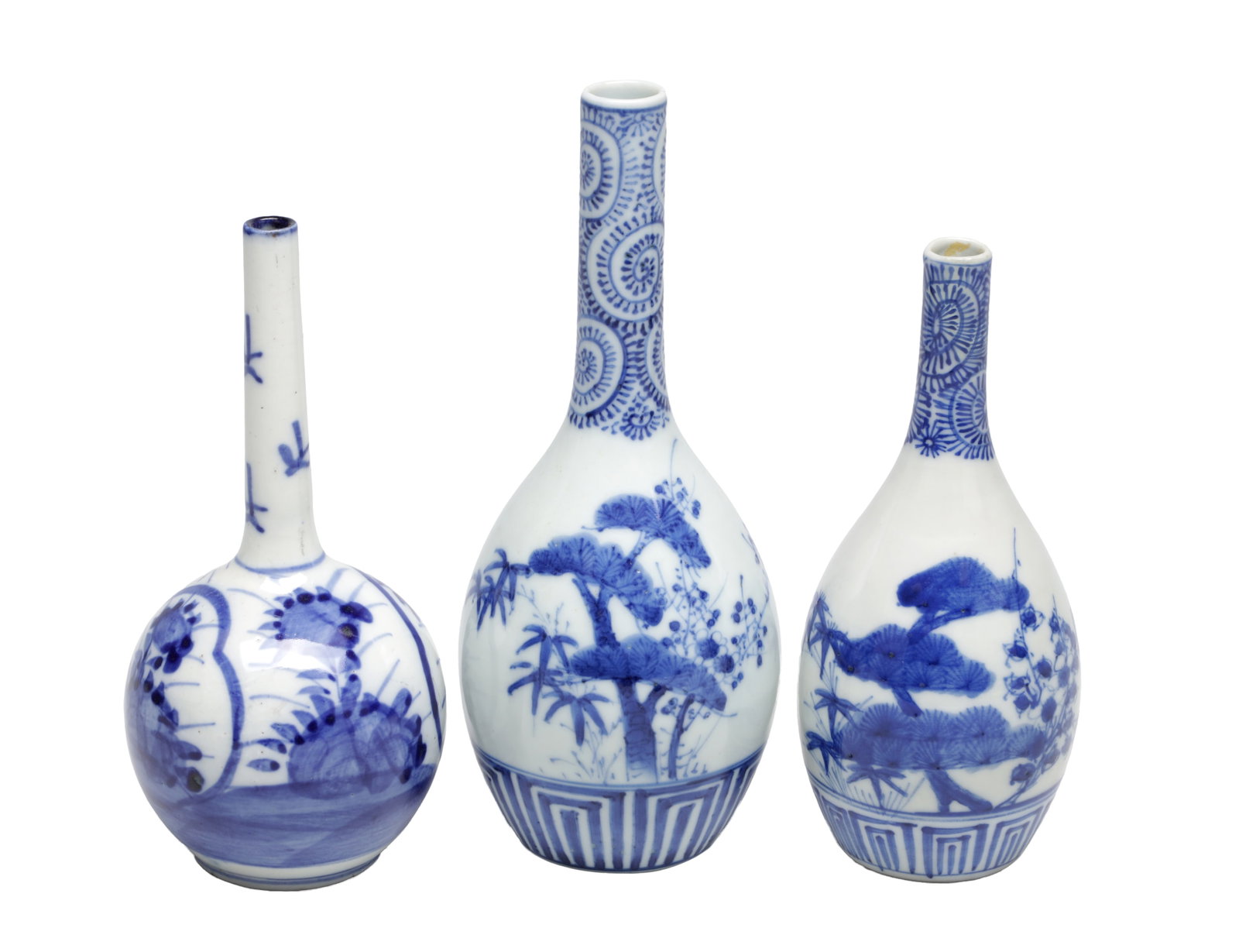 A COLLECTION OF THREE JAPANESE BLUE AND WHITE PORCELAIN BOTTLE VASES (1 of 7)