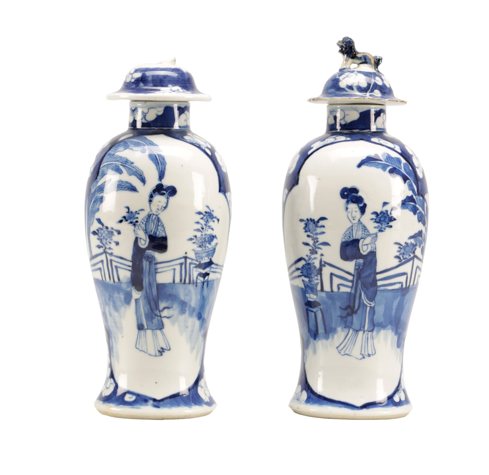 A PAIR OF CHINESE BLUE AND WHITE PORCELAIN BALUSTER VASES AND COVERS (1 of 12)