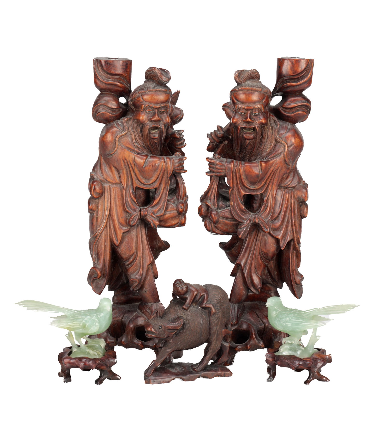 A COLLECTION OF CHINESE CARVED HARDWOOD FIGURES AND JADE BIRDS (1 of 8)
