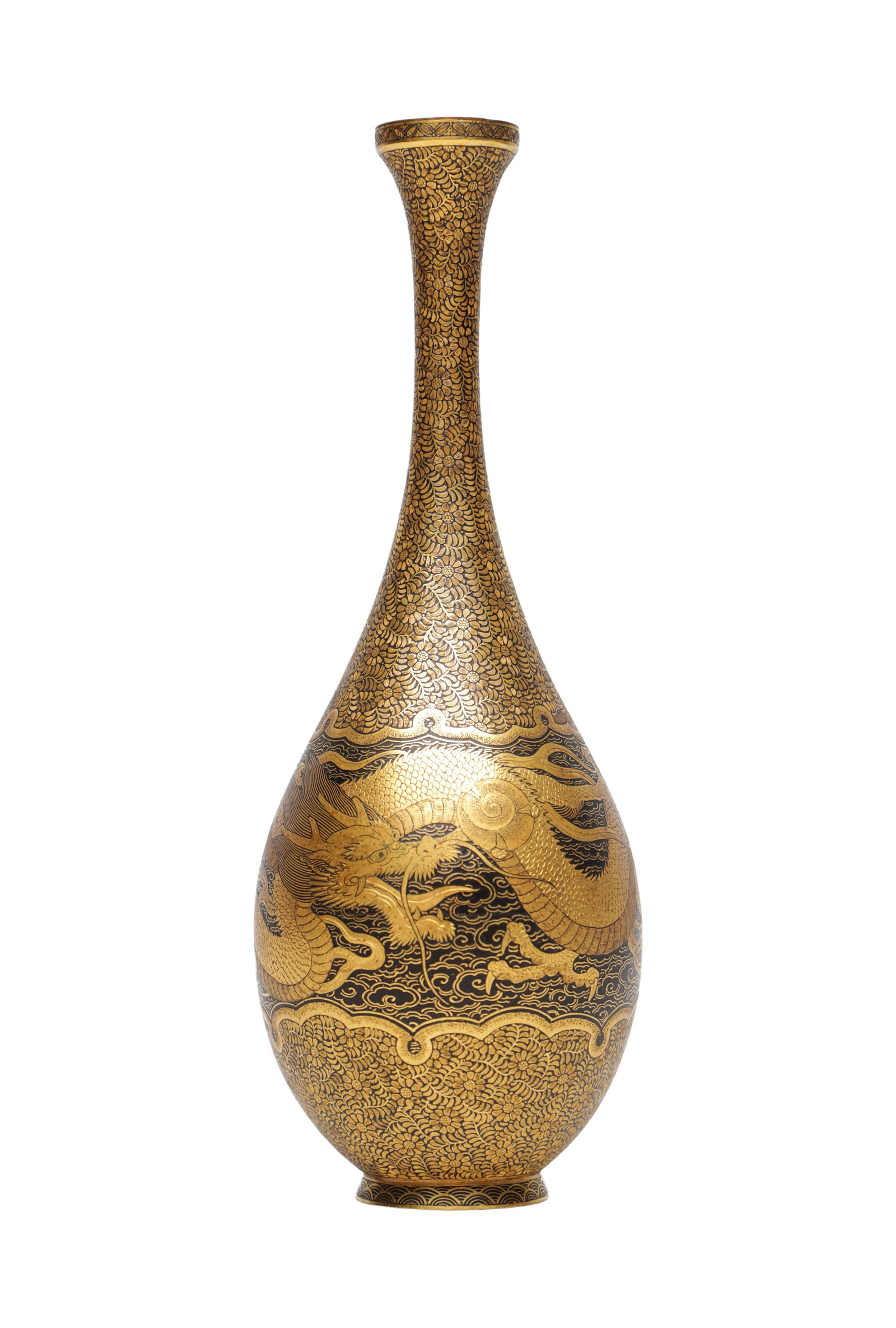 A CHINESE GILT IRON BOTTLE VASE: A CHINESE GILT IRON BOTTLE VASE of elongated pear-shaped form with a tall slender flaring neck and everted rim, decorated in gilt with a sinuous dragon amid clouds above waves on a finely patterned gr