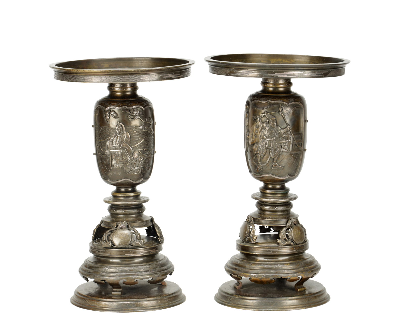 A LARGE AND IMPRESSIVE PAIR OF JAPANESE MEIJI PERIOD BRONZE SECTIONAL VASES (1 of 11)