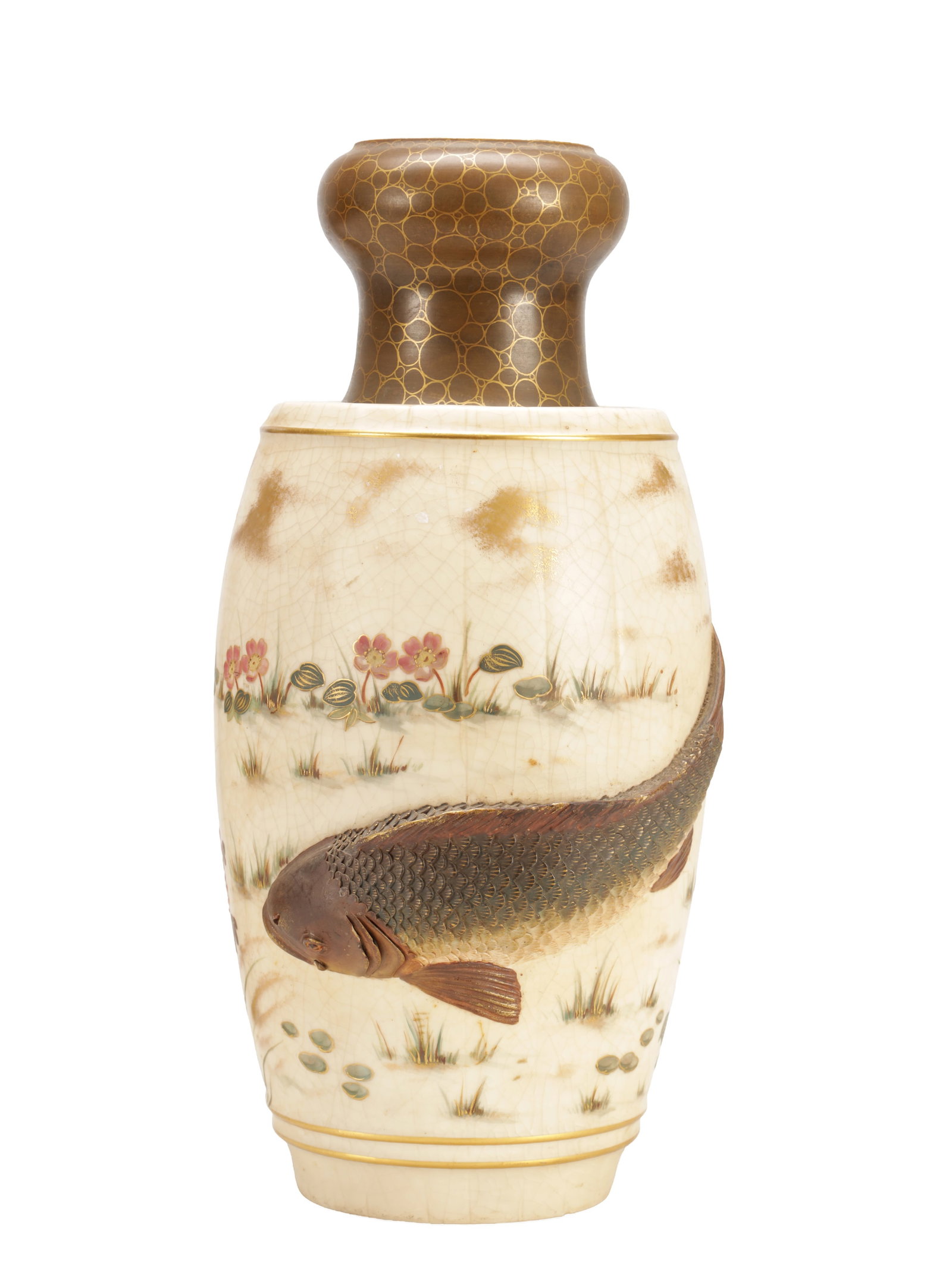 AN UNUSUAL 19TH CENTURY JAPANESE SATSUMA VASE WITH RELIEF CARP DECORATION (1 of 8)
