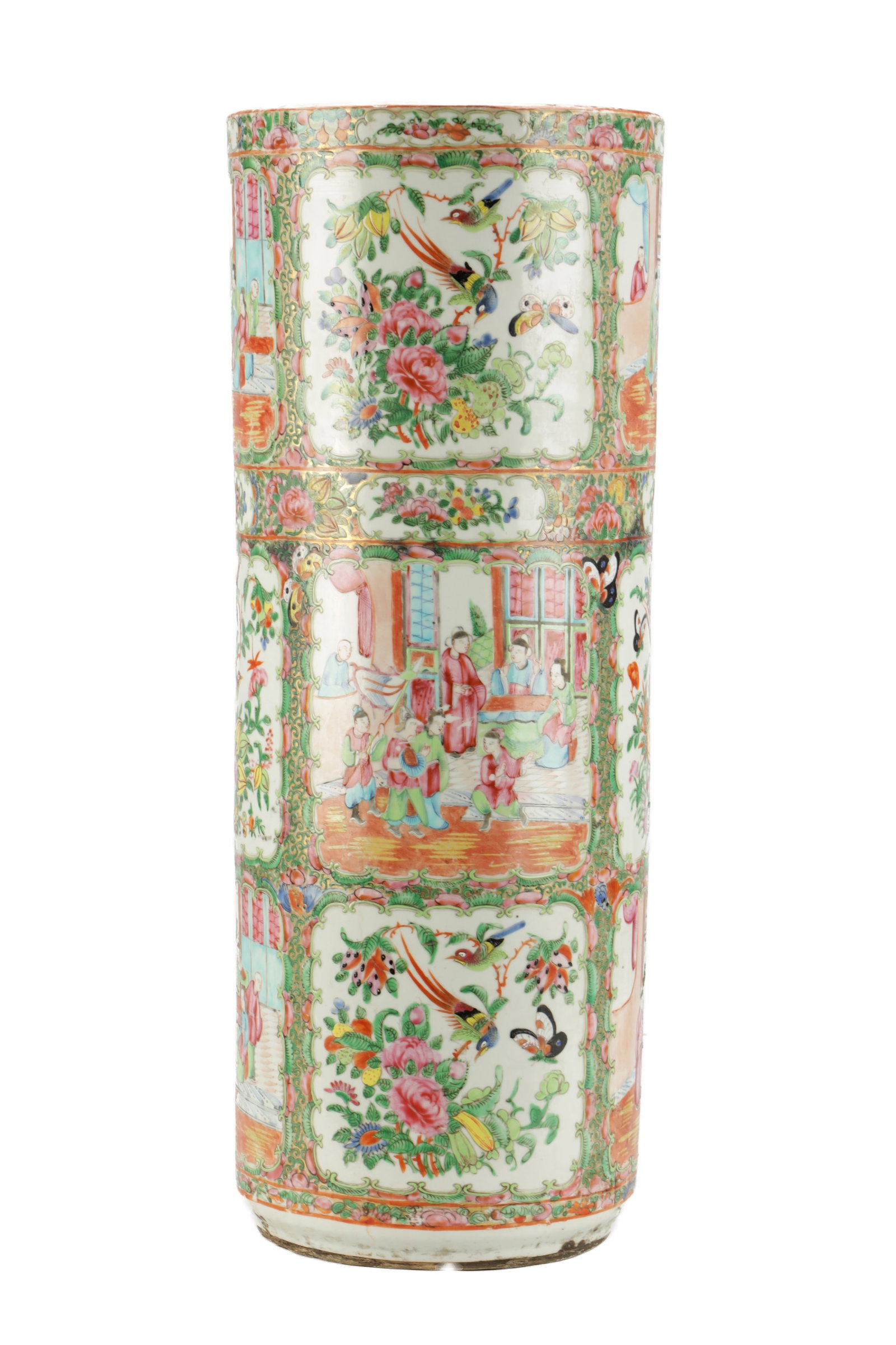 A 19TH CENTURY CANTONESE PORCELAIN STICK STAND: A 19TH CENTURY CANTONESE PORCELAIN STICK STAND of cylindrical form enamelled in the famille rose palette with reserve panels of court figures and birds and butterflies within gilt scroll cartouches an