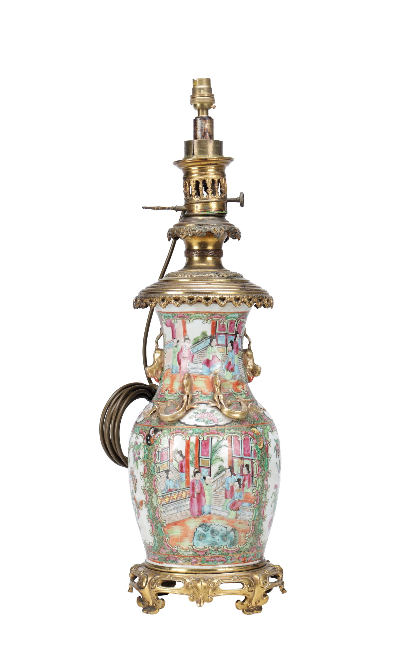 A 19TH CENTURY CHINESE FAMILLE ROSE PORCELAIN VASE WITH ORMOLU MOUNTS CONVERTED TO AN OIL LAMP AND (1 of 16)