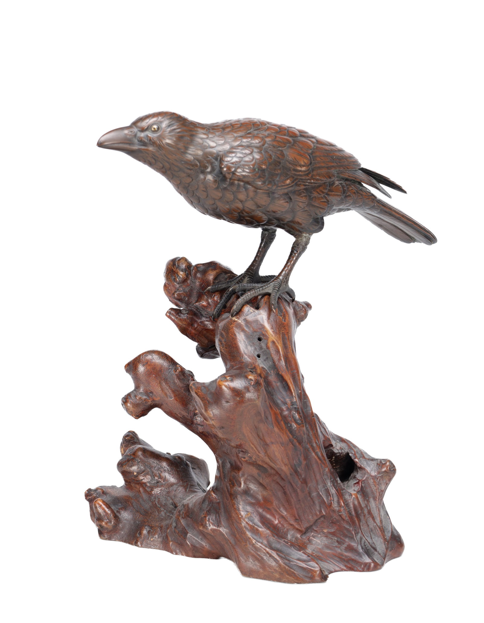 A MEIJI PERIOD JAPANESE BRONZE MODEL OF A CROW ON A CARVED ROOT WOOD STAND (1 of 9)