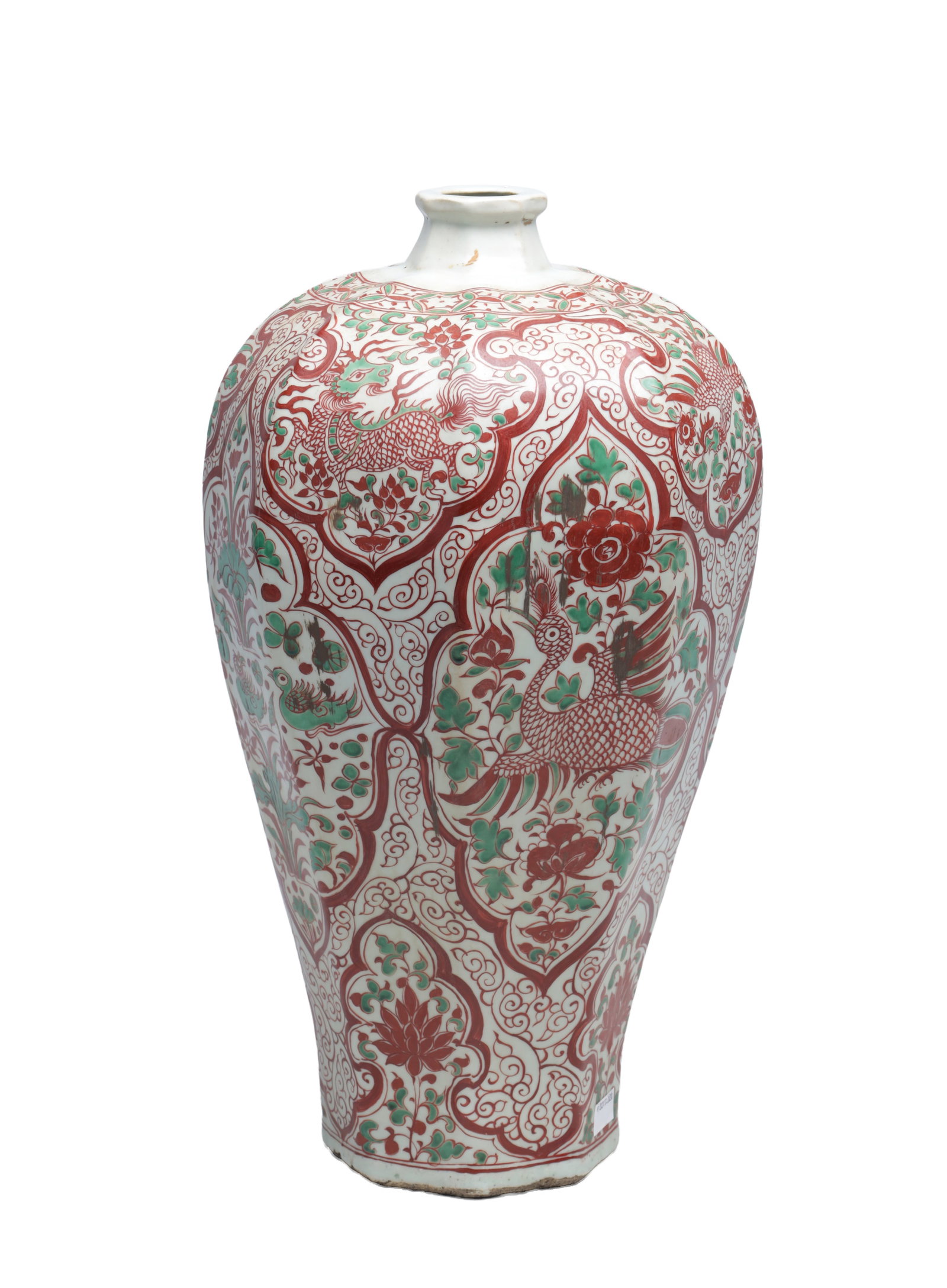 A CHINESE ROUGE-DE-FER AND GREEN ENAMELLED FACETED MEIPING VASE WITH OGIVAL PANELS OF PHOENIX AND: A CHINESE ROUGE-DE-FER AND GREEN ENAMELLED FACETED MEIPING VASE WITH OGIVAL PANELS OF PHOENIX AND PEONY of tapering faceted form with short neck, the body painted with iron-red scrolling grounds and r